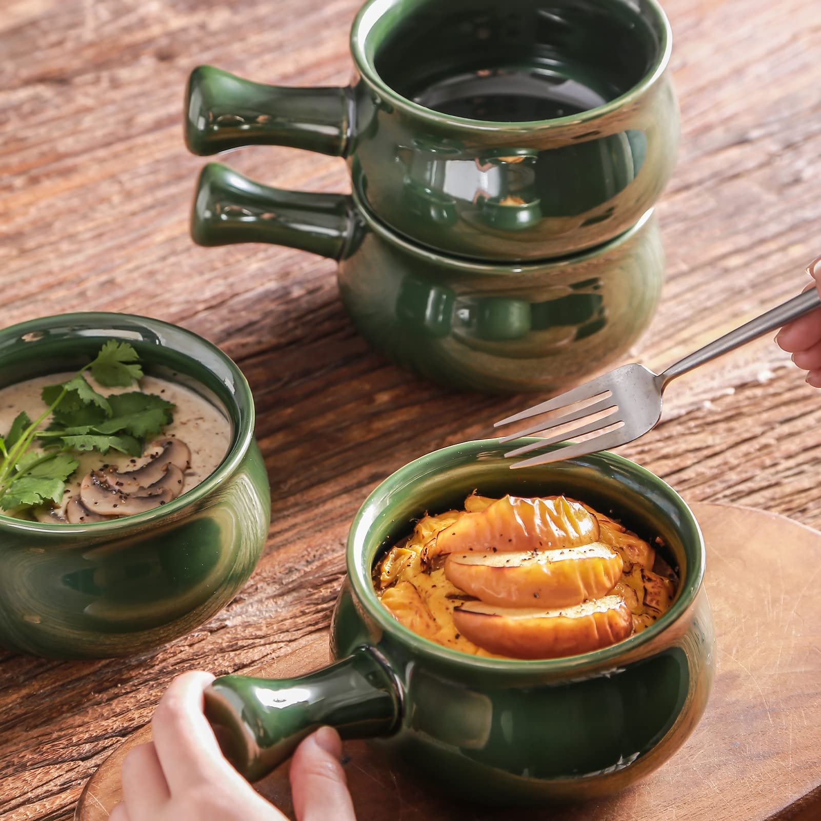 vicrays French Onion Soup Bowls With Handles  26 Ounce for Soup  Chili  Beef Stew  Chip Resistant  Dishwasher Microwave Safe  Set of 4 (Green)