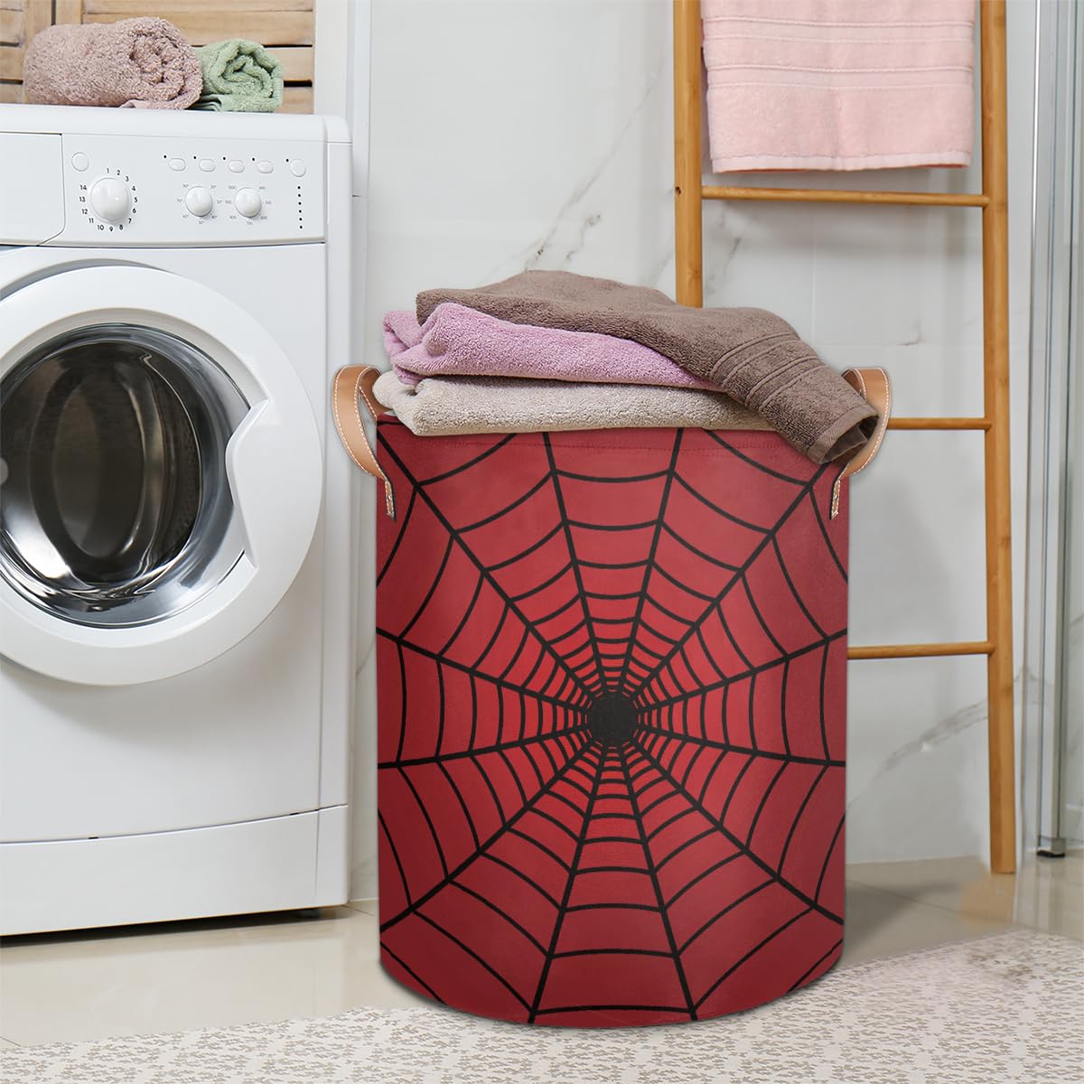 Large Laundry Hamper Basket Red Spider Web Round Freestanding Clothes Basket, Collapsible Storage Organizer Bin With Leather Han