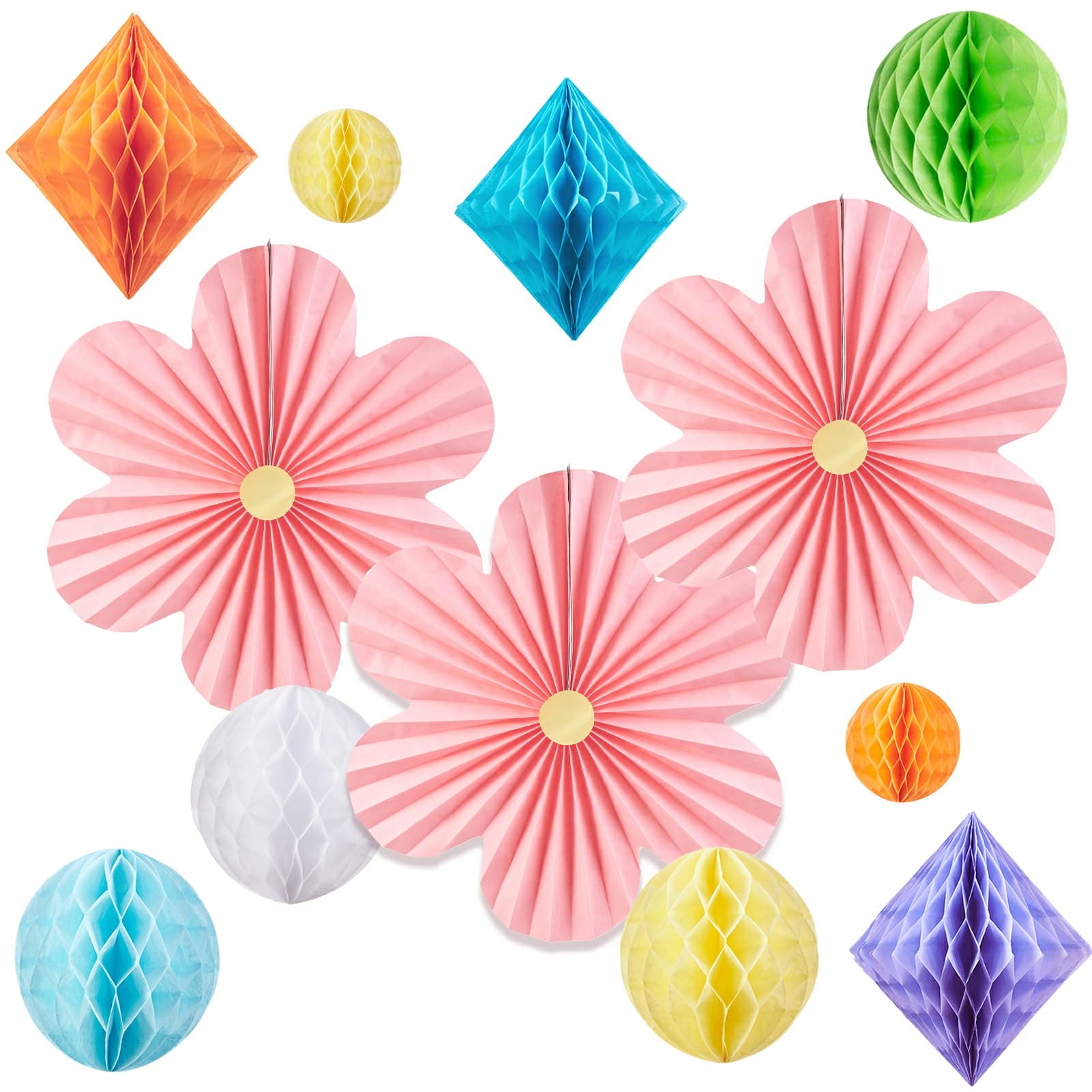 Sunbeauty Flower Party Decorations Honeycomb Paper Balls Paper Floral Backdrop Decor Paper Fans Decoration Hanging Paper Fans Pi
