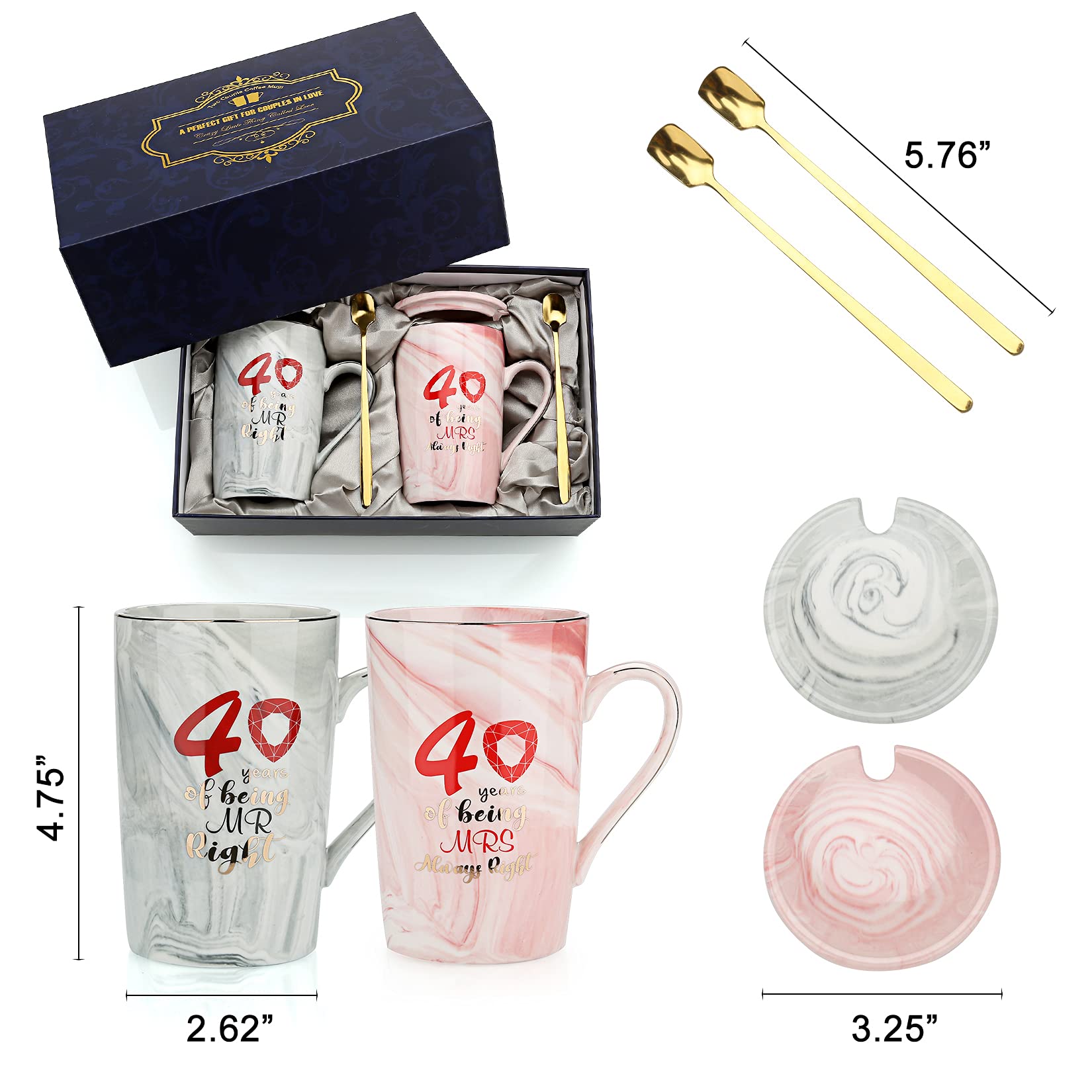 Sovyime 40 Years of Being Mr Right and Mrs Always Right Wedding Marriage Anniversary Cup for Couple Ceramic Marble Coffee Mugs -