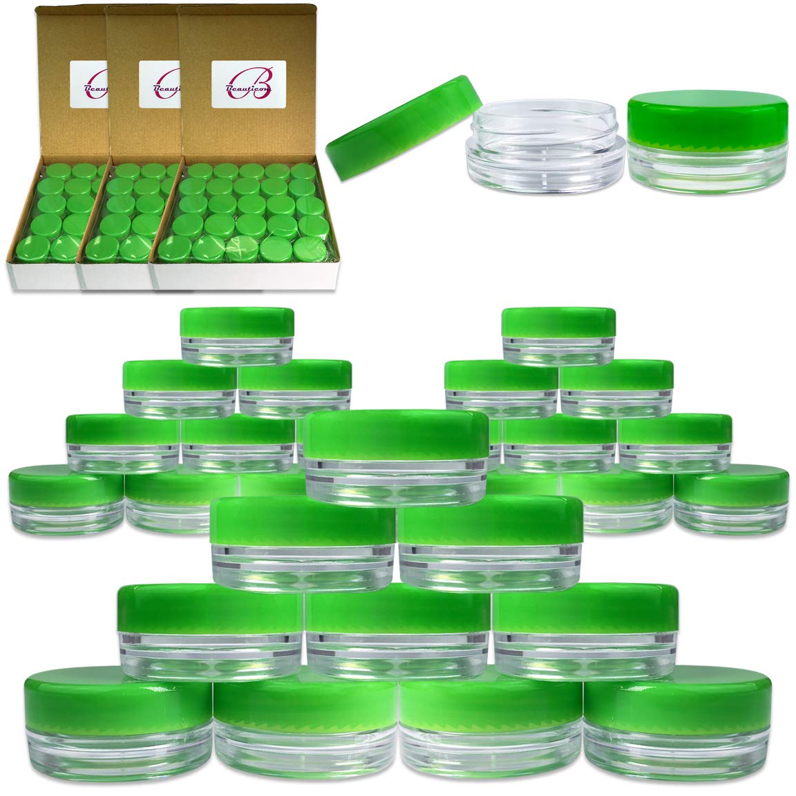 Beauticom (200 Pieces Jars + Lid) 3G/3Ml Round Clear Jars With Green Screw Cap Lids For Scrubs, Oils, Toner, Salves, Creams, Lot