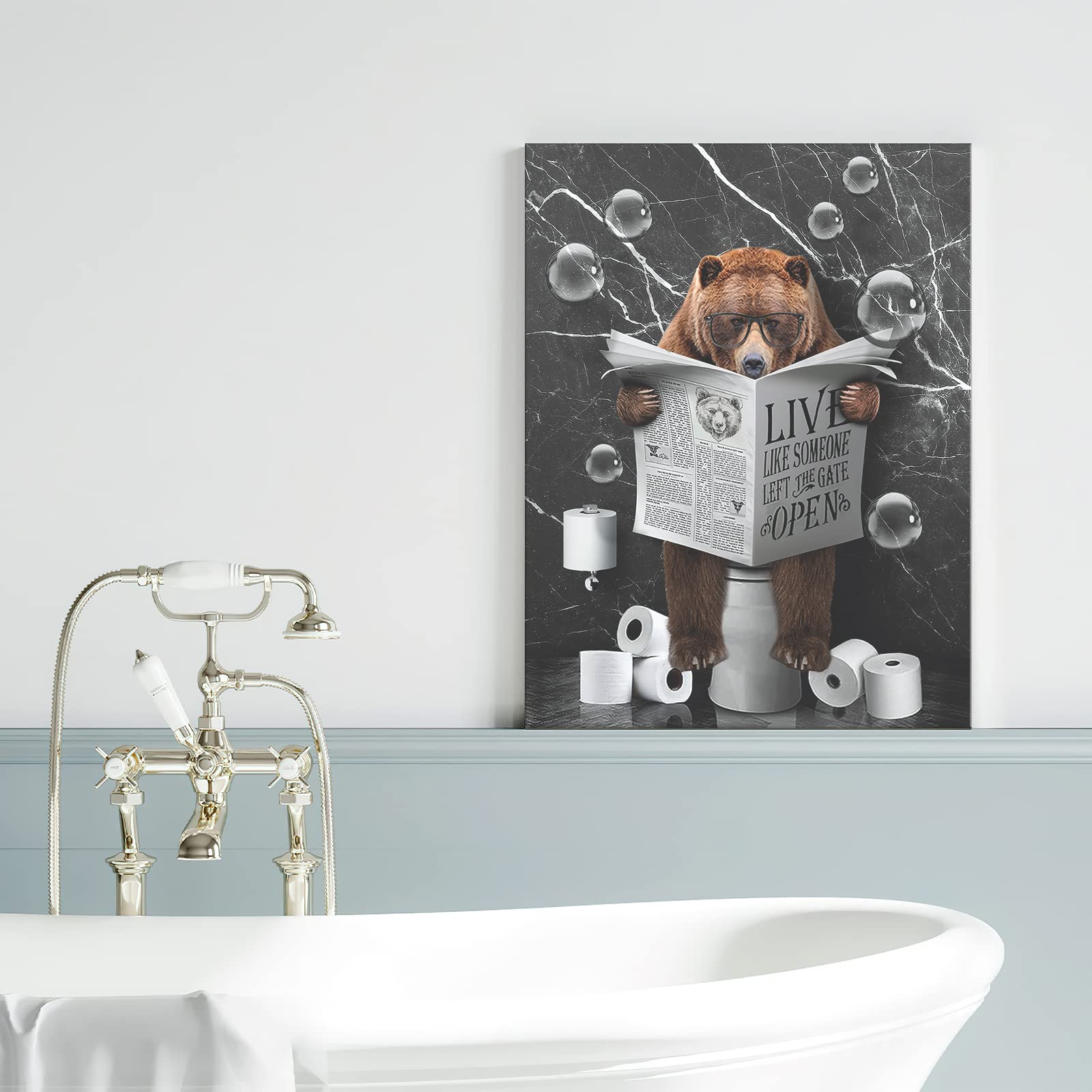 Bear Sitting In Toilet Bathroom Decor Wall Art Funny Bear Pictures Black And White Bathroom Wall Decor Farmhouse Bear Painting F