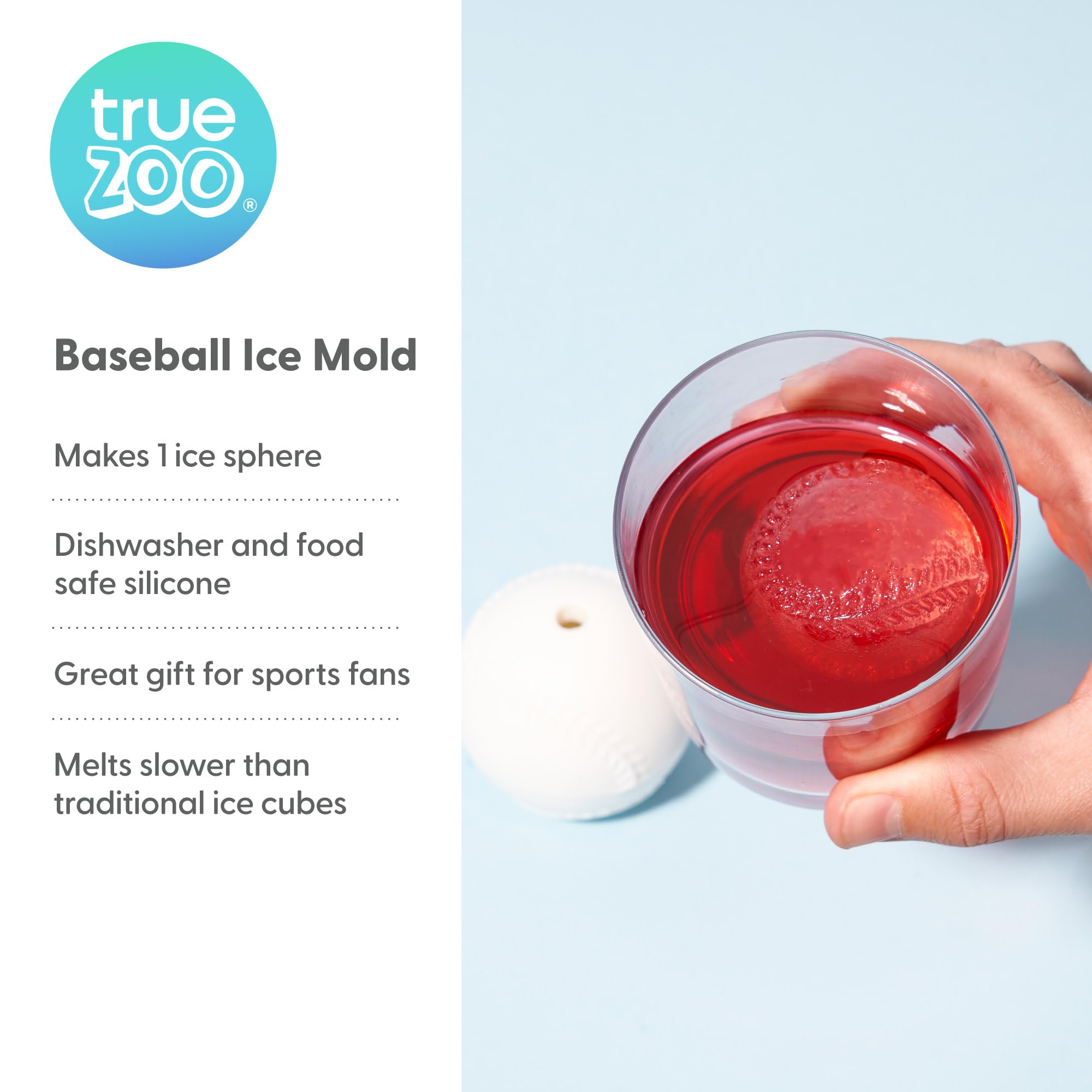 True Zoo Baseball Ice Mold, Silicone Ice Sphere Mold, Novelty Ice Maker, Set Of 1, White, Dishwasher Safe, Ice Cube Tray