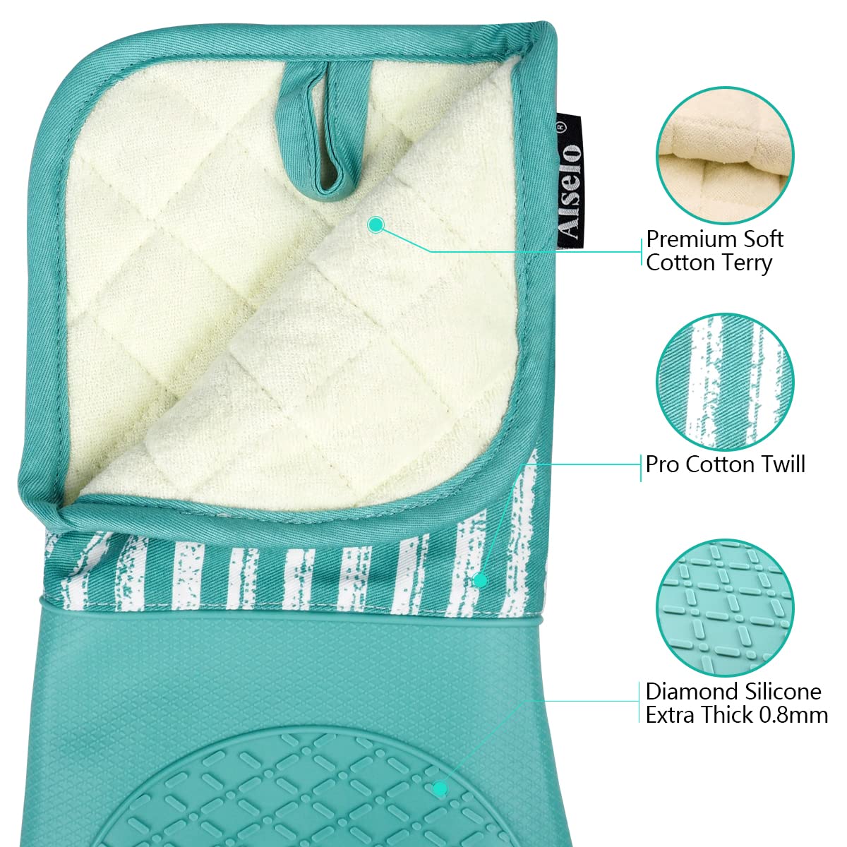 Alselo Silicone Oven Mitts Heat Resistant 932? With Waterproof & Non-Slip Kitchen Mittens, Set Of 2 Extra Long Oven Gloves With