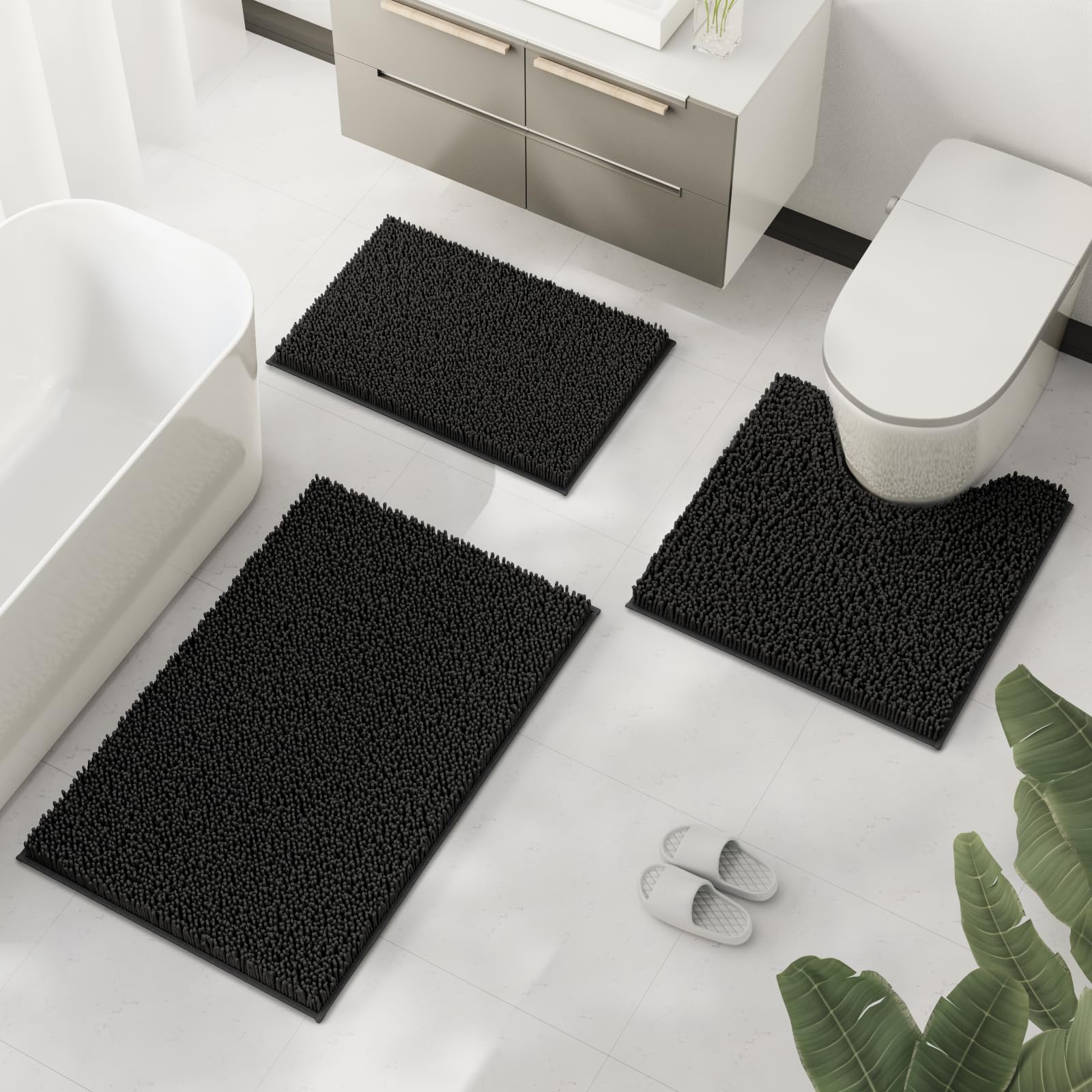 Black Bathroom Rugs Non-Slip Bath Mat Set  Chenille Bathroom Mats  Bath Rugs Set 3 Pieces  Ultra Soft Bathroom Rug Set  and Absorbent Bath Mat  Plush Bathroom Carpet Bath Mat for Bathroom  Tub  Shower