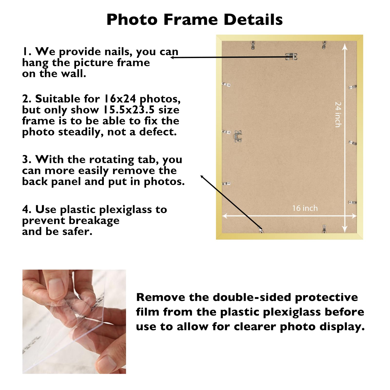 JCJMY 16x24 Picture Frame Gold for Poster Photo Picture and 40x60 cm Canvas, Horizontal and Vertical Formats for Wall Hanging, 1