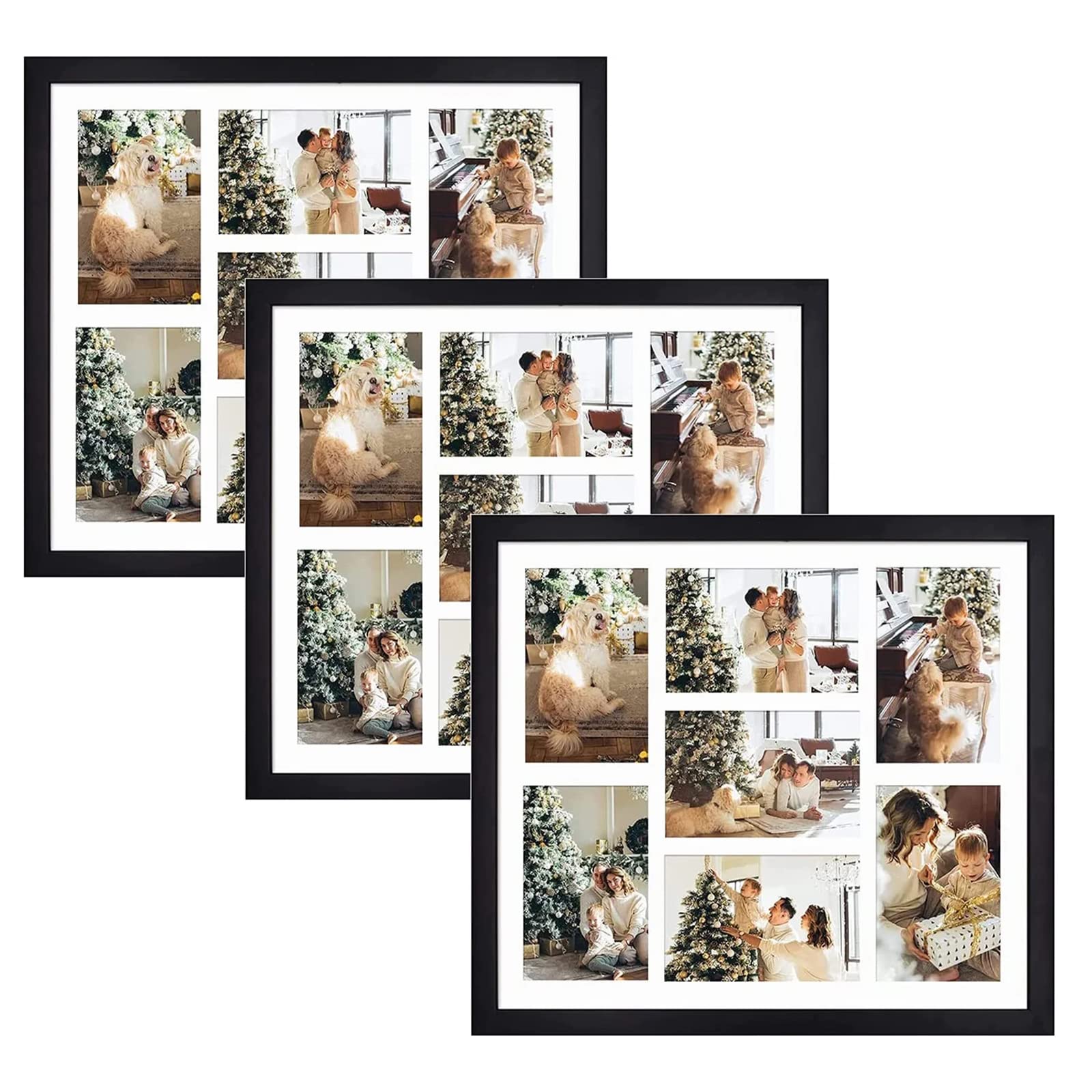 Golden State Art, 13.7x15.7 Matted Black Wood 7-Opening for 4 x 6 Collage Picture Frame, 3 Pack