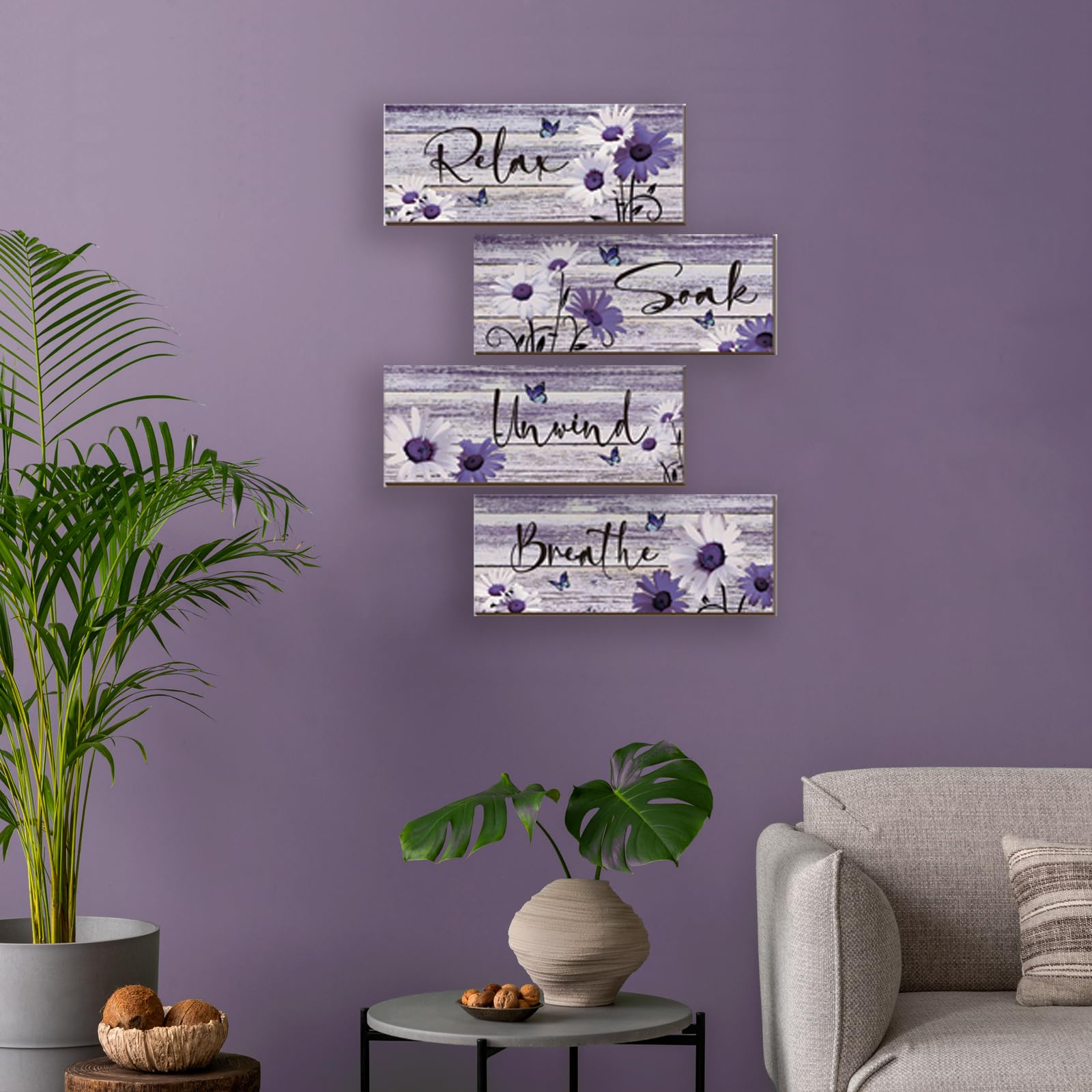 ZINYAZHE 4 Pcs Farmhouse Bathroom Wall Decor - Purple Daisy Floral Flowers and Butterfly Wall Art - Relax Soak Unwind Breathe Ru