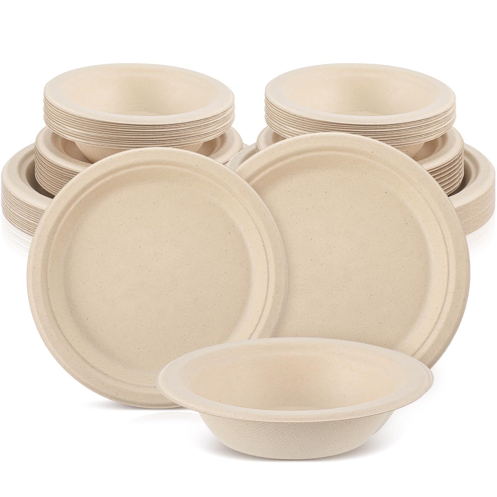 Havawish 75 Pcs Compostable Paper Plates and Bowls Set 8 Inch 10 Inch Disposable Plate 12oz Biodegradable Bowls for 25 Guests Pa