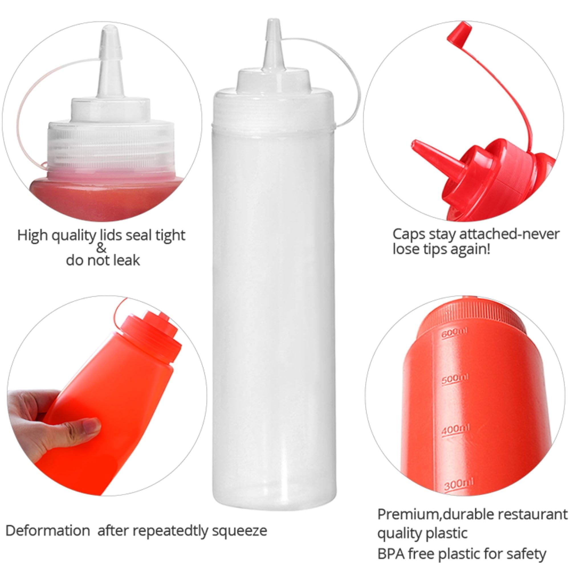 Condiments Squeeze Bottles For Ketchup, Mustard, Mayo, Dressing, Oil, Syrup, Vinegar, Sauces, Honey, Craft, Squirt Dispenser Wit
