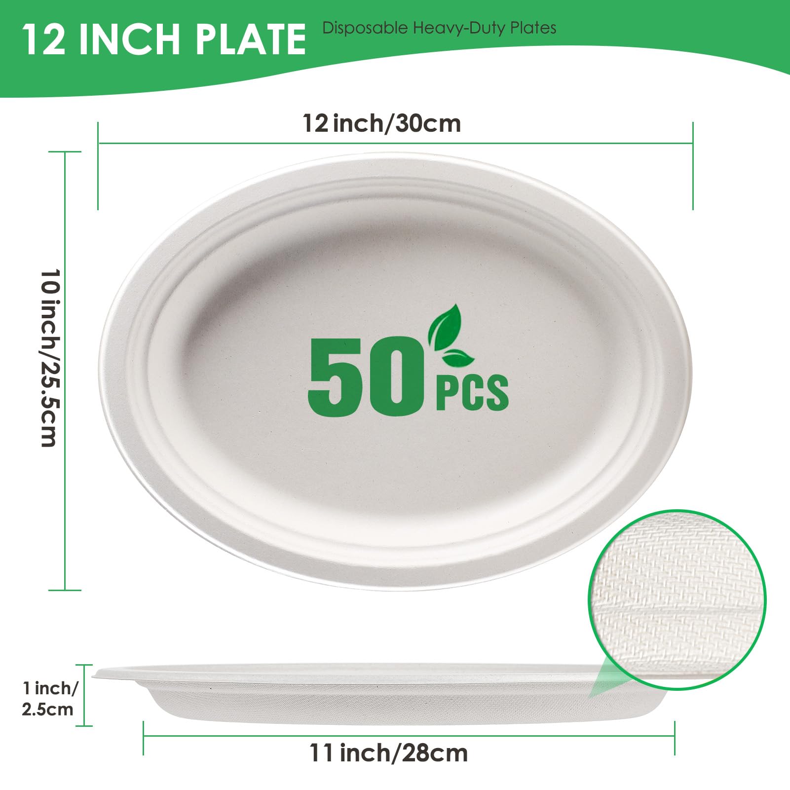 Gezond 100% Compostable Oval Paper Plates 50 Pack 12.5 Inch Large Disposable Heavy-duty Plate Biodegradable Eco-friendly Bagasse