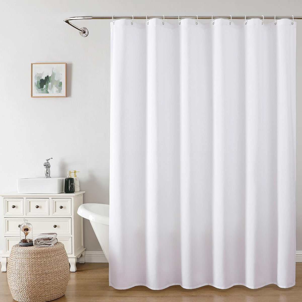 Ovzme Zora 78 Inch Shower Curtain Set With 12 Plastic Hooks, Plain Fabric White Shower Curtain For Bathroom - Long Shower Curtai