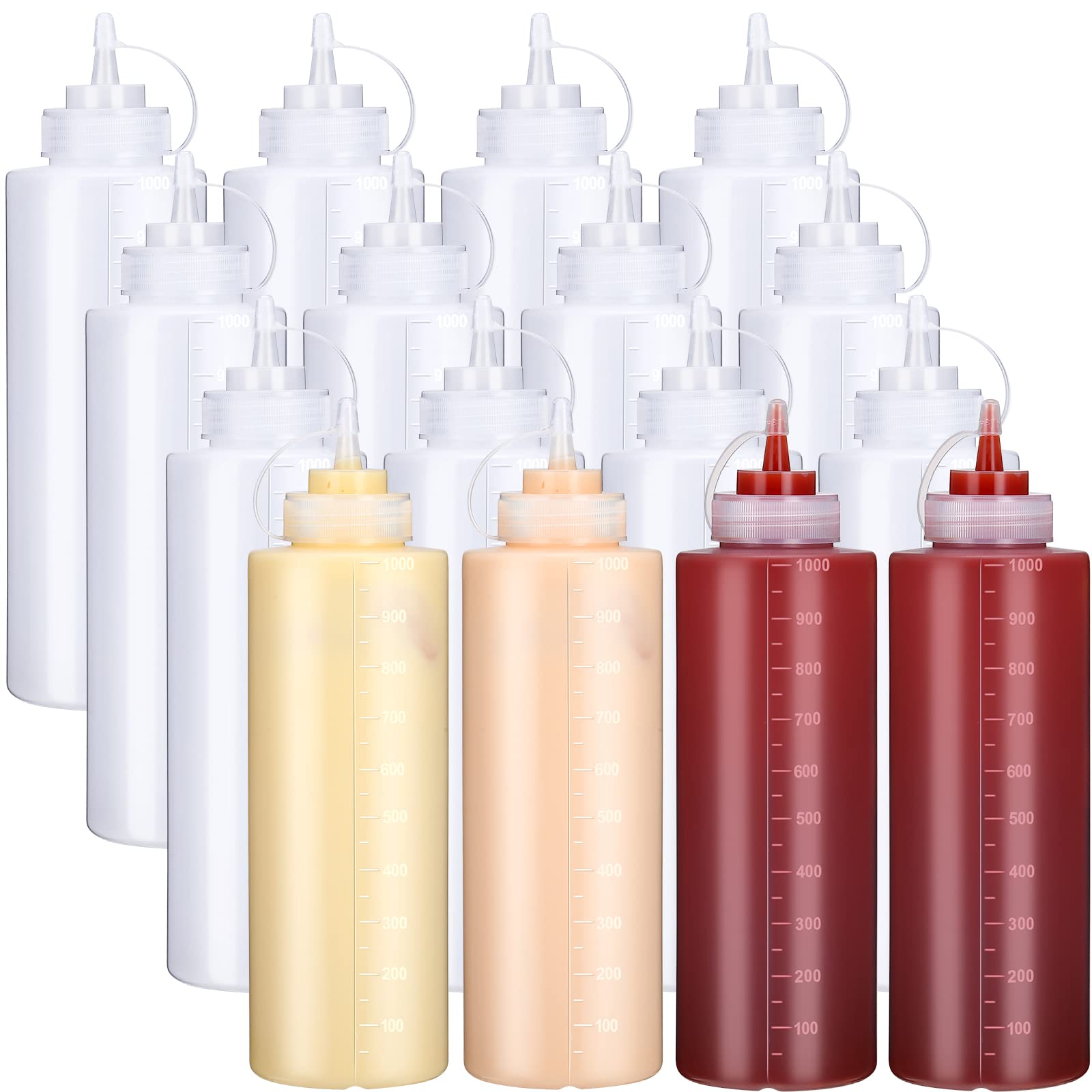 Hoolerry 16 Pieces 32 Oz Squeeze Bottle Plastic Condiment Squeeze Bottles With Twist On Cap Lids And And Discrete Measurement Sa