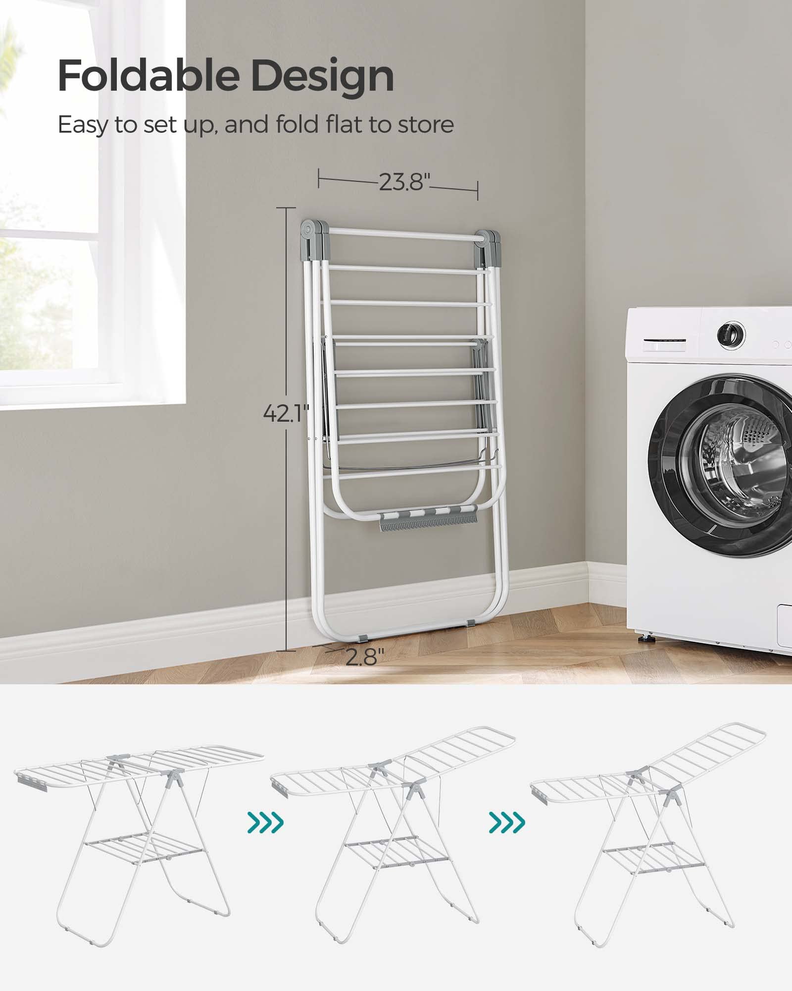 Songmics Clothes Drying Rack, With Sock Clips, Stainless Steel Laundry Rack, Foldable, Space-Saving, Free-Standing Indoor Airer,