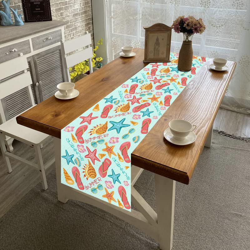 Jiudungs Linen Watercolor Beach Starfish Shell Seahorse Slipper Floral Table Runner 72 Inches Long Summer Coastal Nautical Hawai