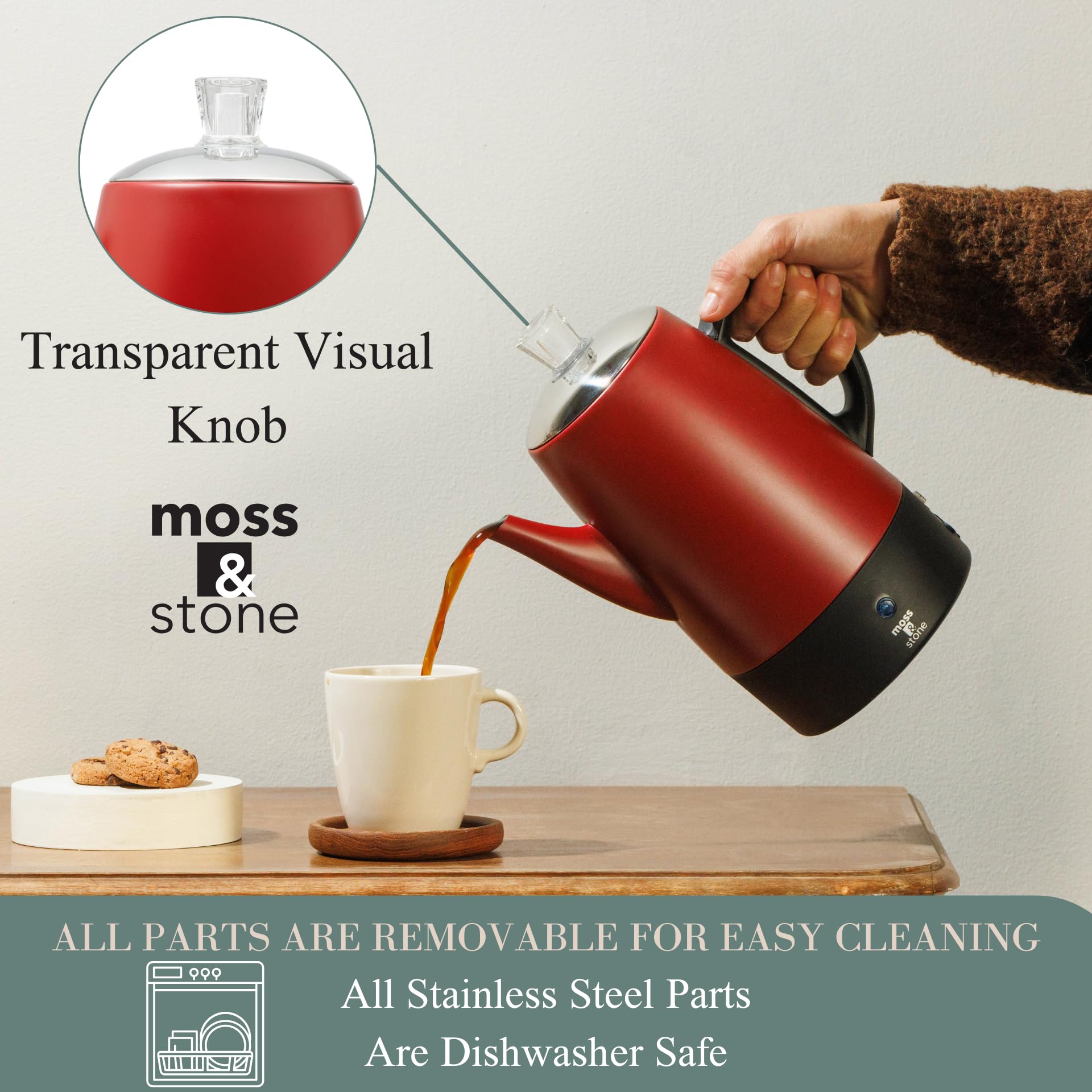 Moss & Stone Electric Coffee Percolator, Red Body With Stainless Steel Lid Coffee Maker, Percolator Electric Pot, Red Camping Co