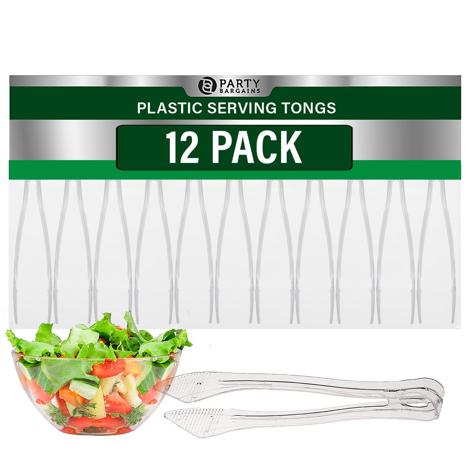 Party Bargains 8.5 Inches Plastic Serving Tongs, 12 Pack, Premium Quality & Heavy-Duty Clear Plastic Tongs For Bbq, Salads, Gril