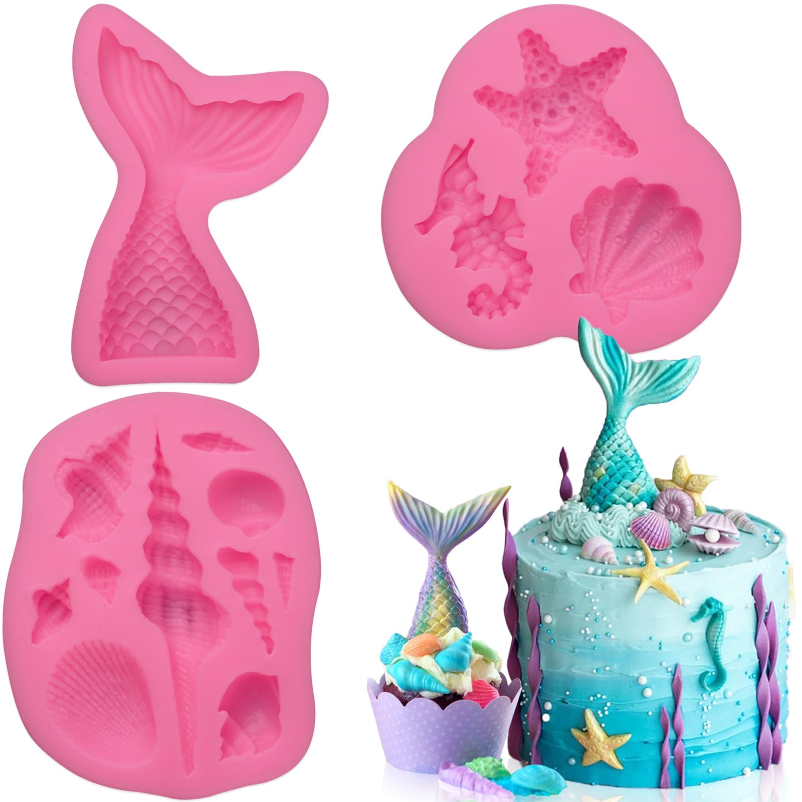 SAKOLLA Mermaid Theme Silicone Fondant Mold - Mermaid Tail Seashell Starfish Hippocampus Conch Silicone Mold for Under The Sea C