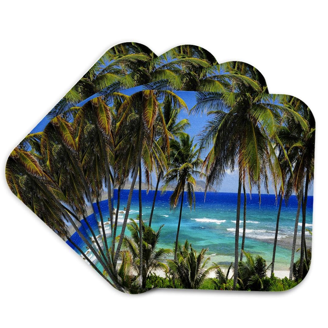 3dRose CST_173296_1 Tropical Day Scene with Swaying Palm Trees & Glimpses of Blue Ocean Soft Coaster (Set of 4)