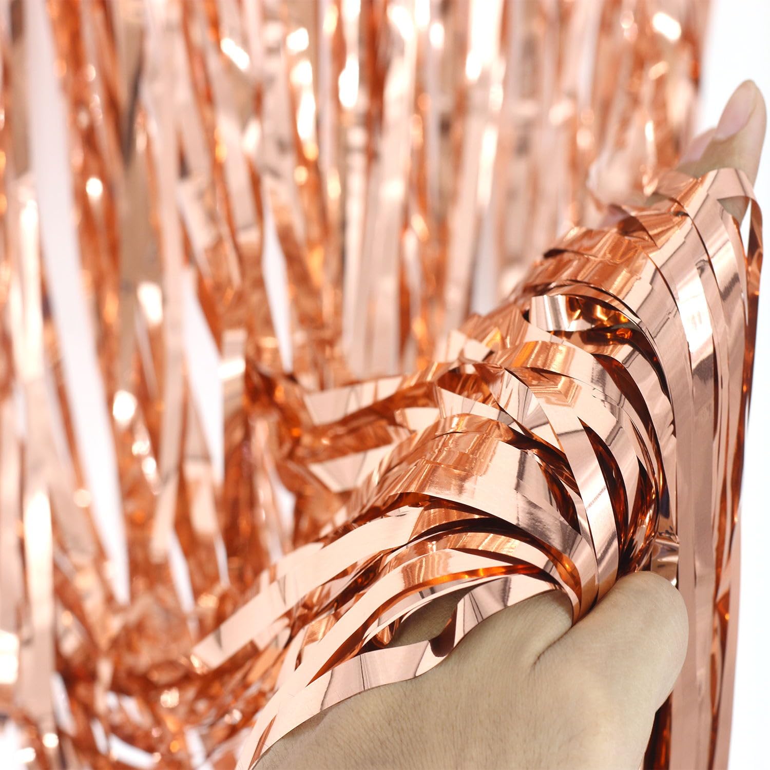 8Pcs RoseGold Backdrop Curtains, RoseGold Tinsel Foil Fringe Backdrop with Hanging Swirls, 3.3ft x 6.6ft Foil Fringe Curtains Ba