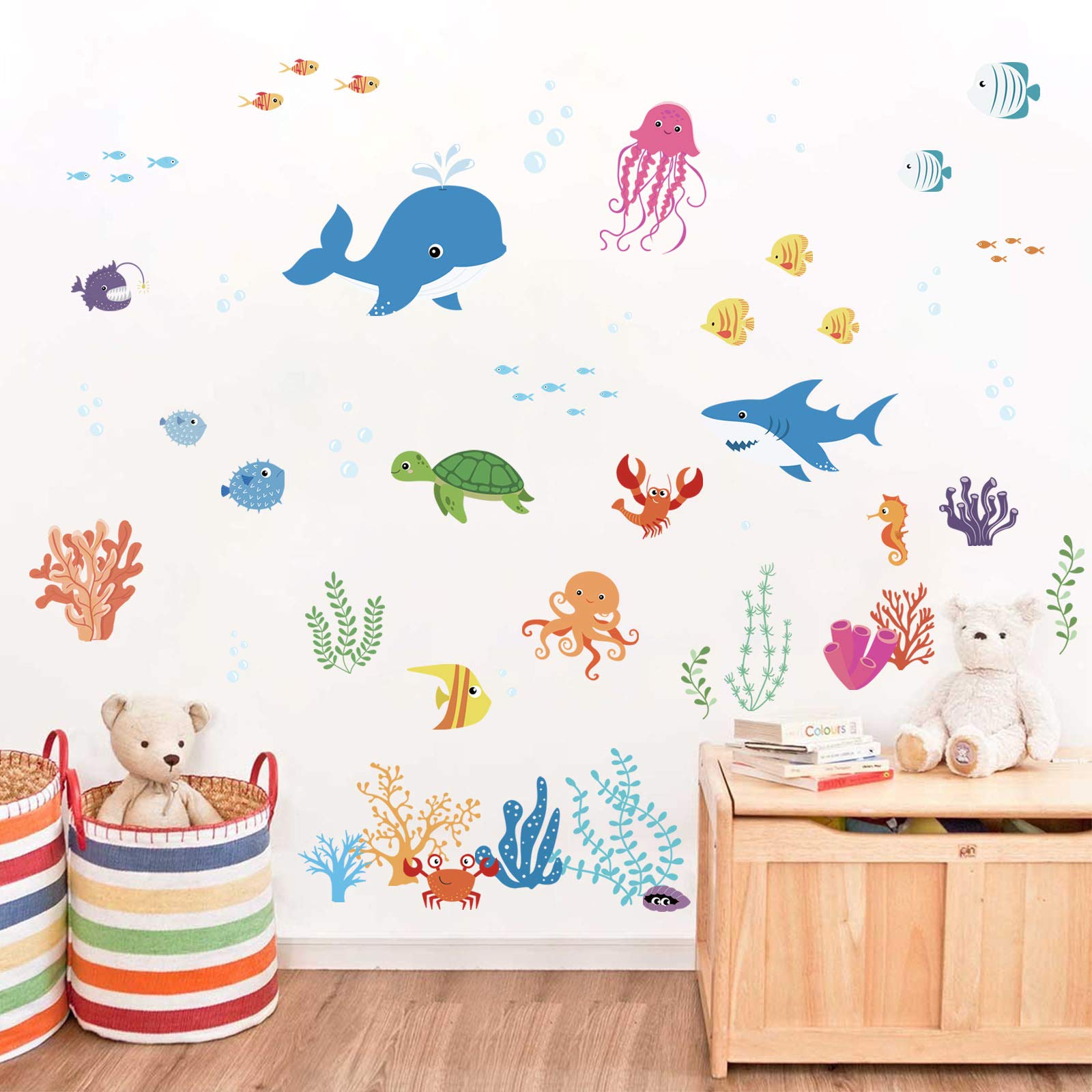 decalmile Under The Sea Dolphin Fish Wall Decals Vinyl Peel and Stick Kids Room Wall Stickers Baby Nursery childrens Bedroom Bathroom Wall Decor