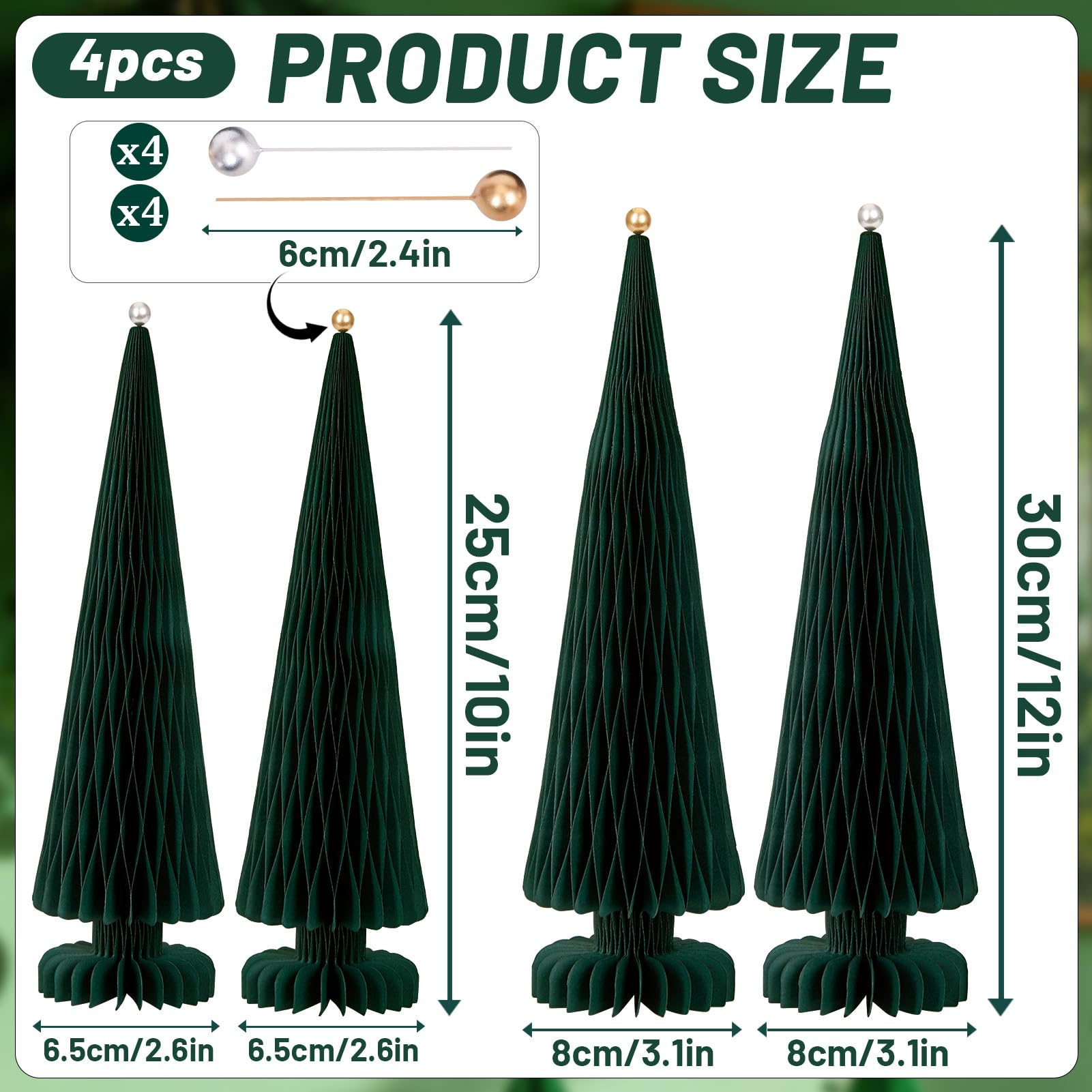 OBBOBO Green Paper Christmas Tree 4 Piece with Mini Shiny Ball Accent, XMARS Holiday Centerpieces for Home Office Party Decor