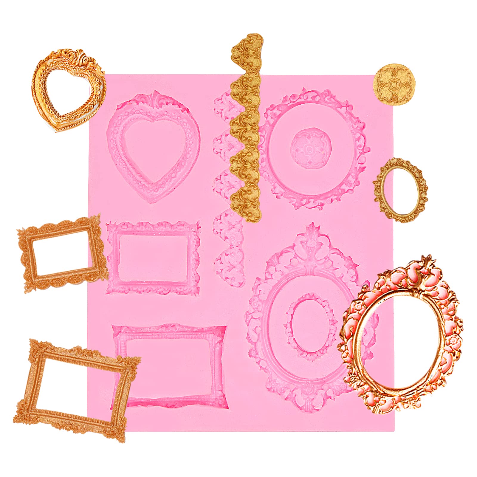 European Style Mirror Frame Fondant Molds For Cake Decorating, Baroque Embossed Love Heart Photo Silicone Mold For Wedding Cake