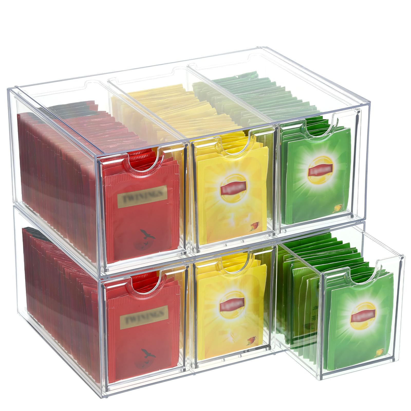 BOUTICOL 6 Drawers Tea Bag Organizer, Clear Acrylic Tea Bag Storage Holder Containers, Stackable Tea Packet Drawers Holder for C