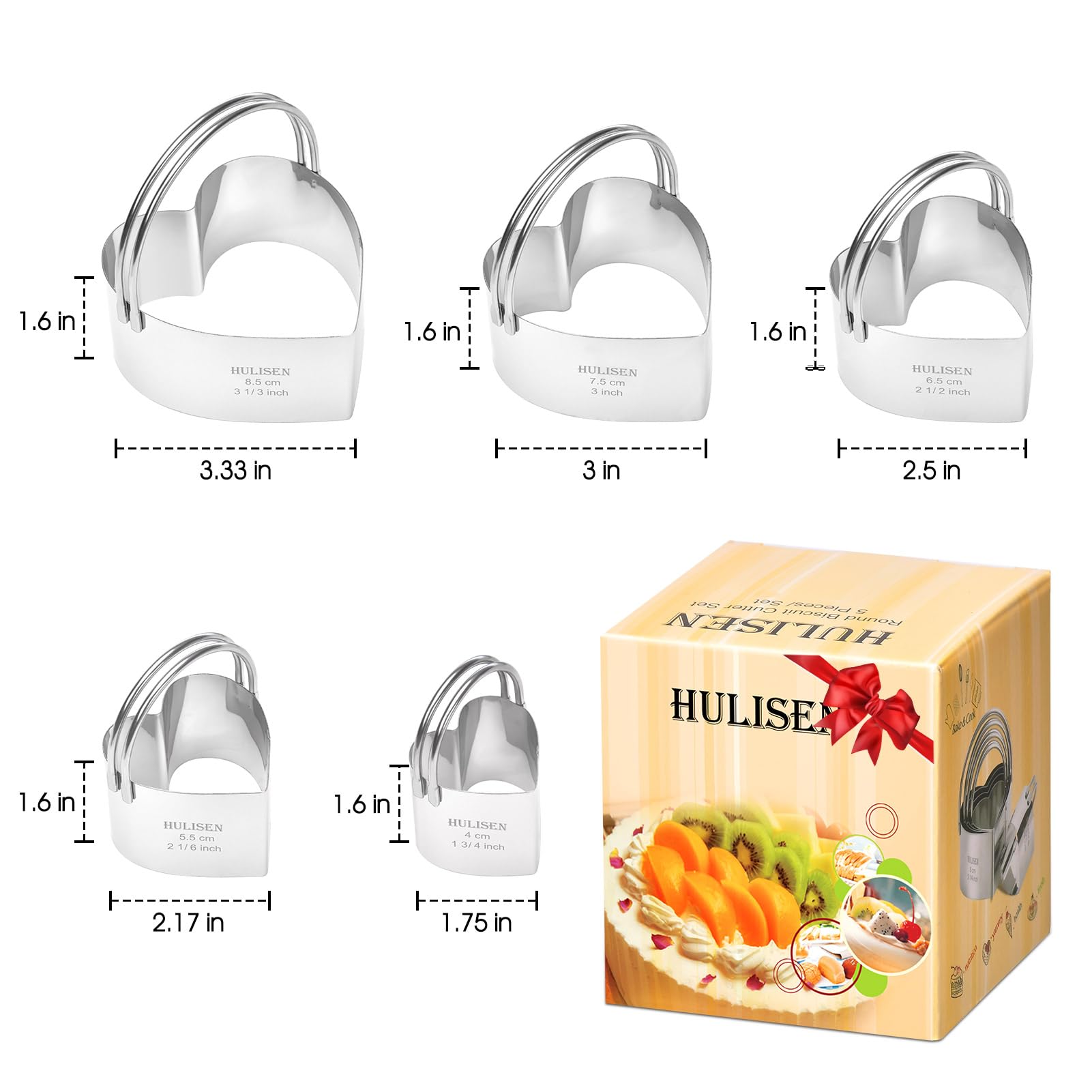 HULISEN Heart Cookie Cutter Set (5 Pieces/Set), Stainless Steel Biscuit Cutter with Handle, Professional Baking Tools Set, Gift