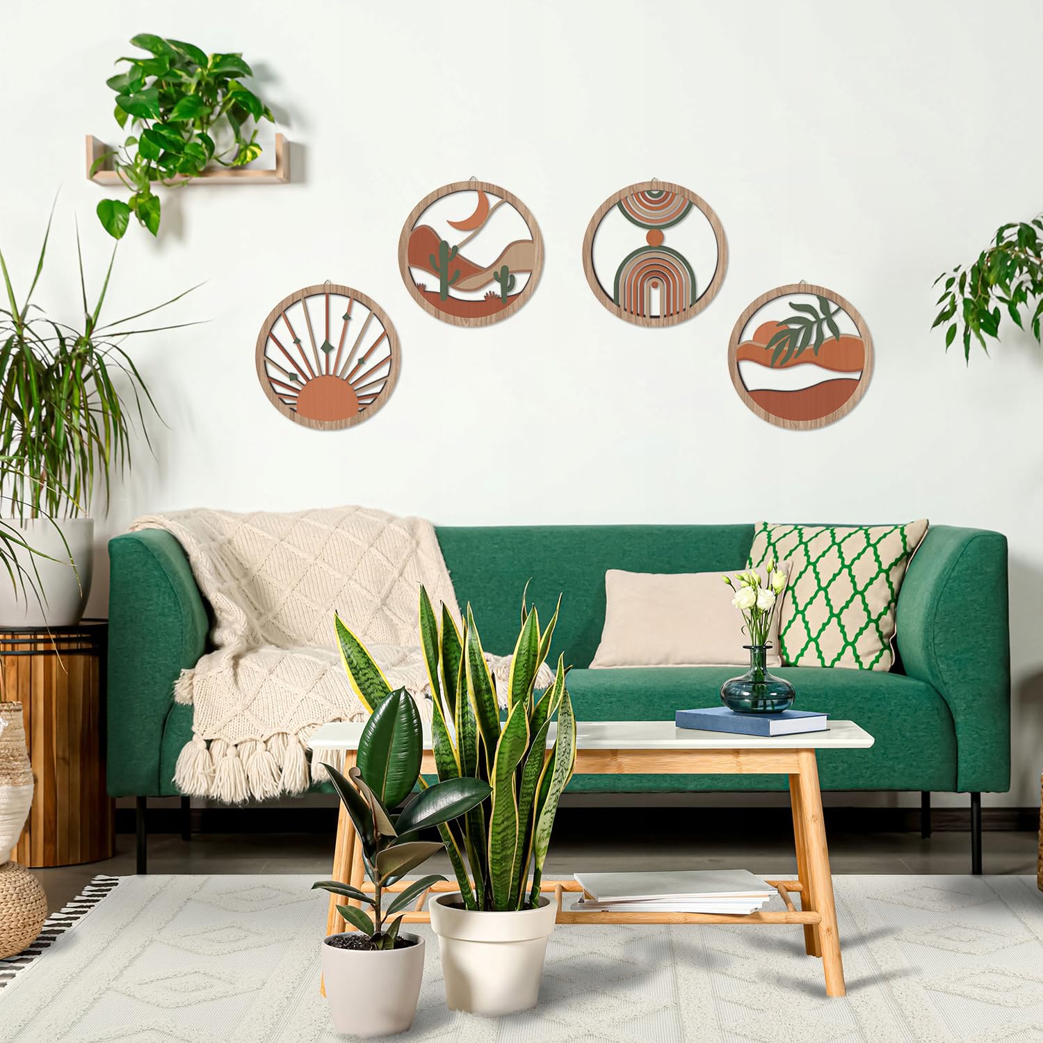 HPNIUB 4 Pcs Boho Wall Art Decor, Bohemian Geometric Hanging Wood Sign for Living Room, Aesthetic Abstract Desert Cactus, Minima