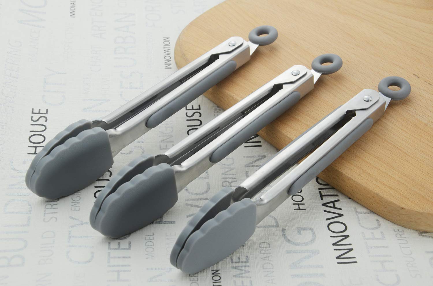Hinmay Mini Tongs With Silicone Tips 7 Inches Stainless Steel Appetizer Tongs, Set Of 3 (Gray)