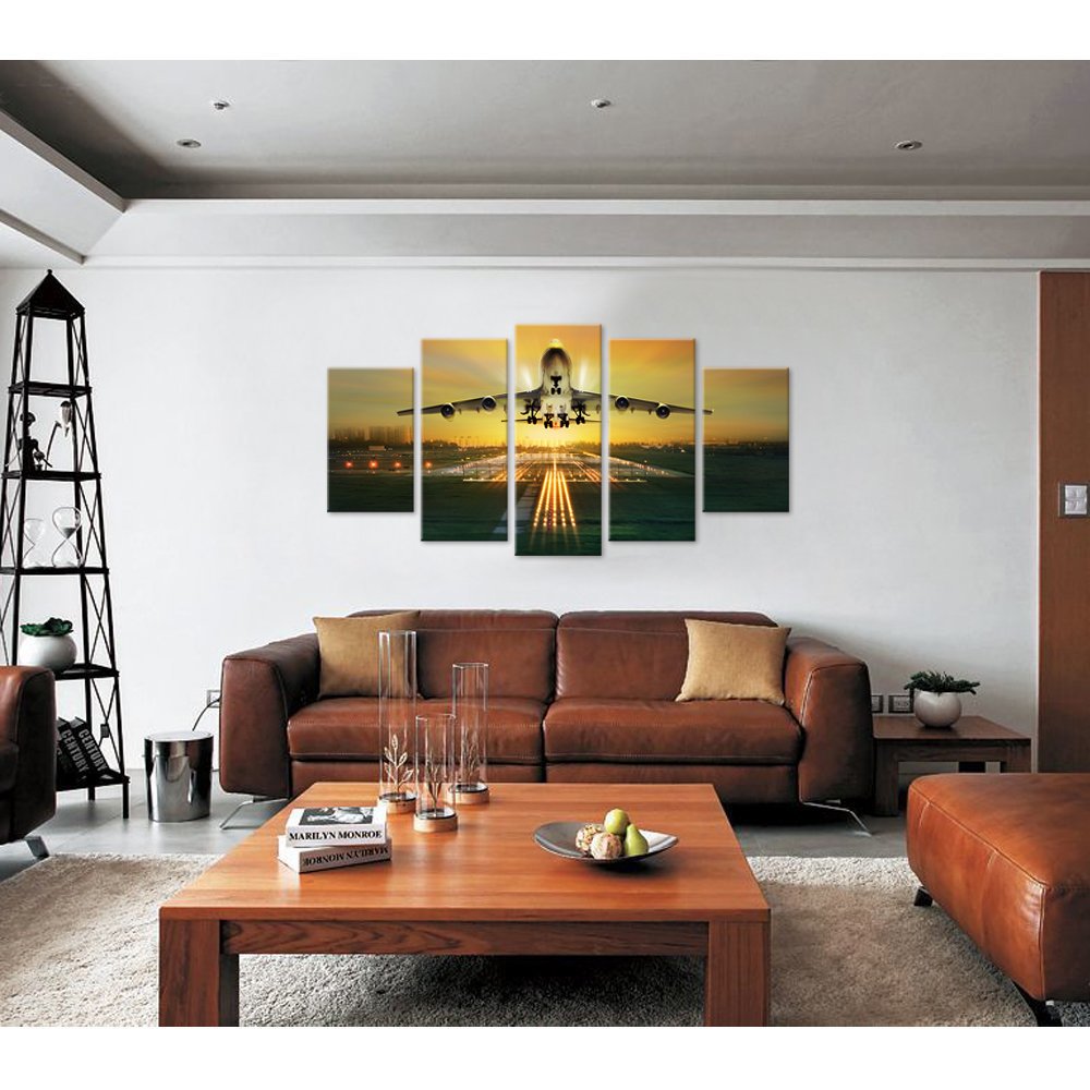 Vvovv Wall Decor 5 Piece Canvas Wall Art Airplane Wall Art Beautiful Airport Night Landscape Airplane Decor Picture,Framed Ready