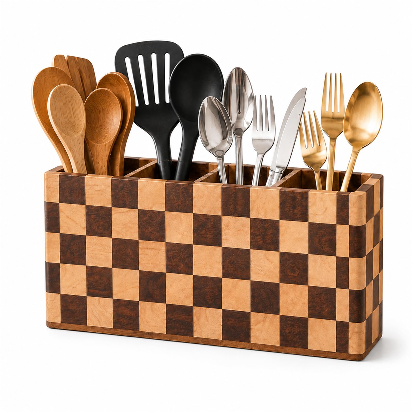 Acacia Wood Utensil Holder, 4Compartment Checkered Kitchen Organizer