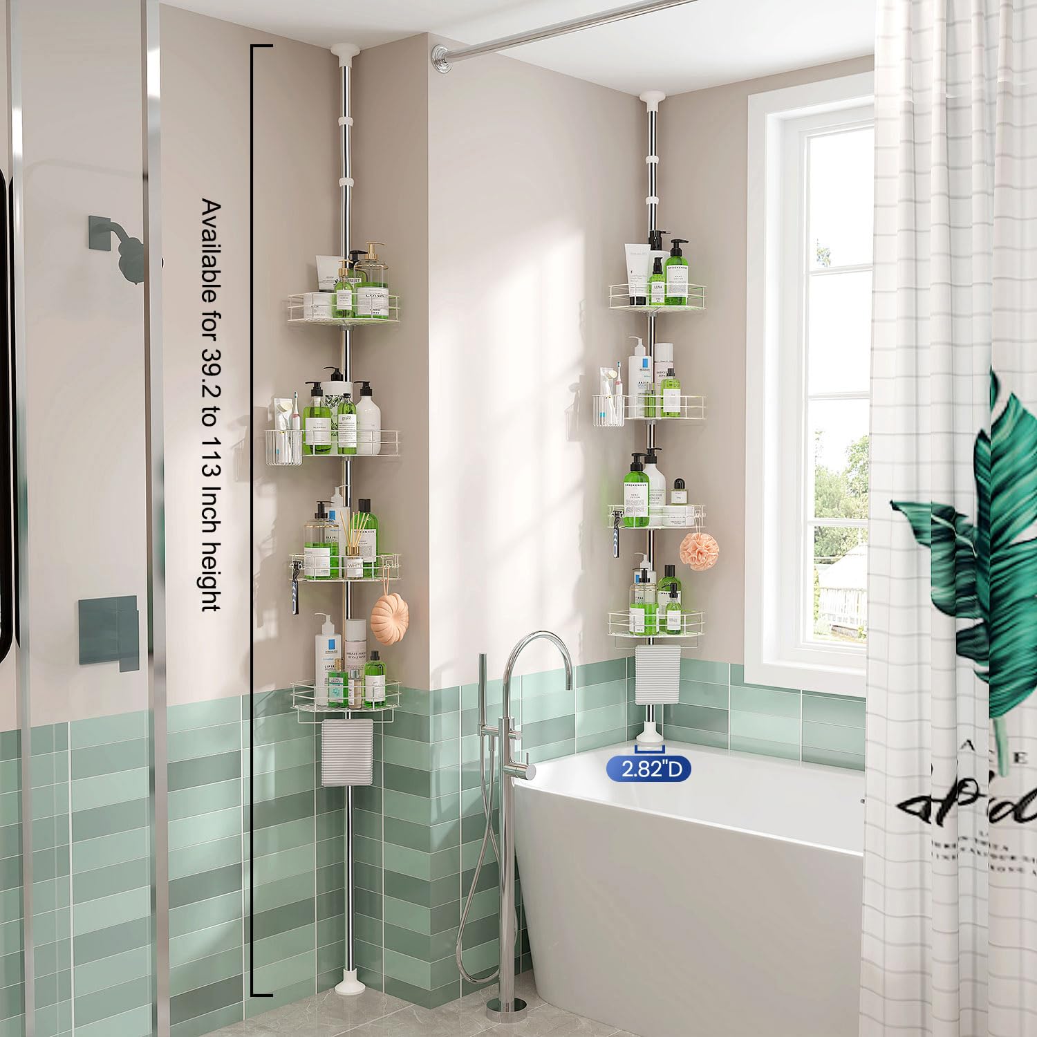 Seirione Corner Shower Caddy Tension Pole, Adjustable Shower Organizer Corner With 4 Shelves, No Drilling Shower Shelf For Insid