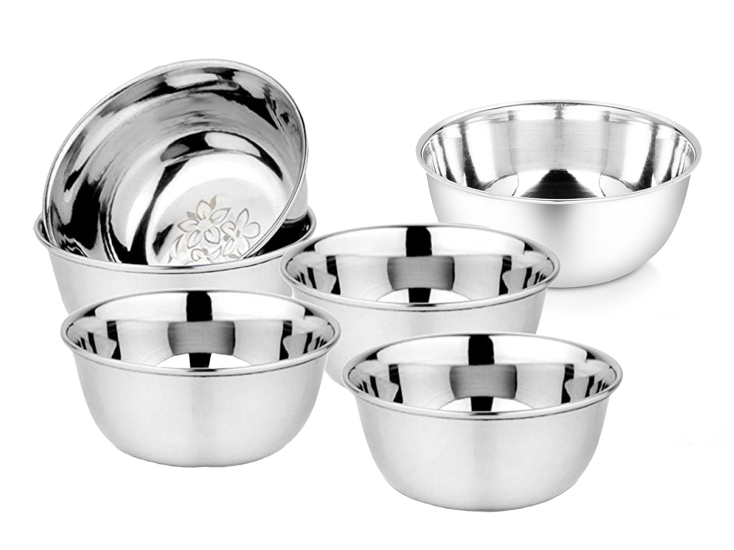 Kc Stainless Steel Heavy Gauge Bowl/Wati Set With Mirror Finish And Flower Printed Design [10.5 Cm, Set Of 6 Piece], 200 Ml