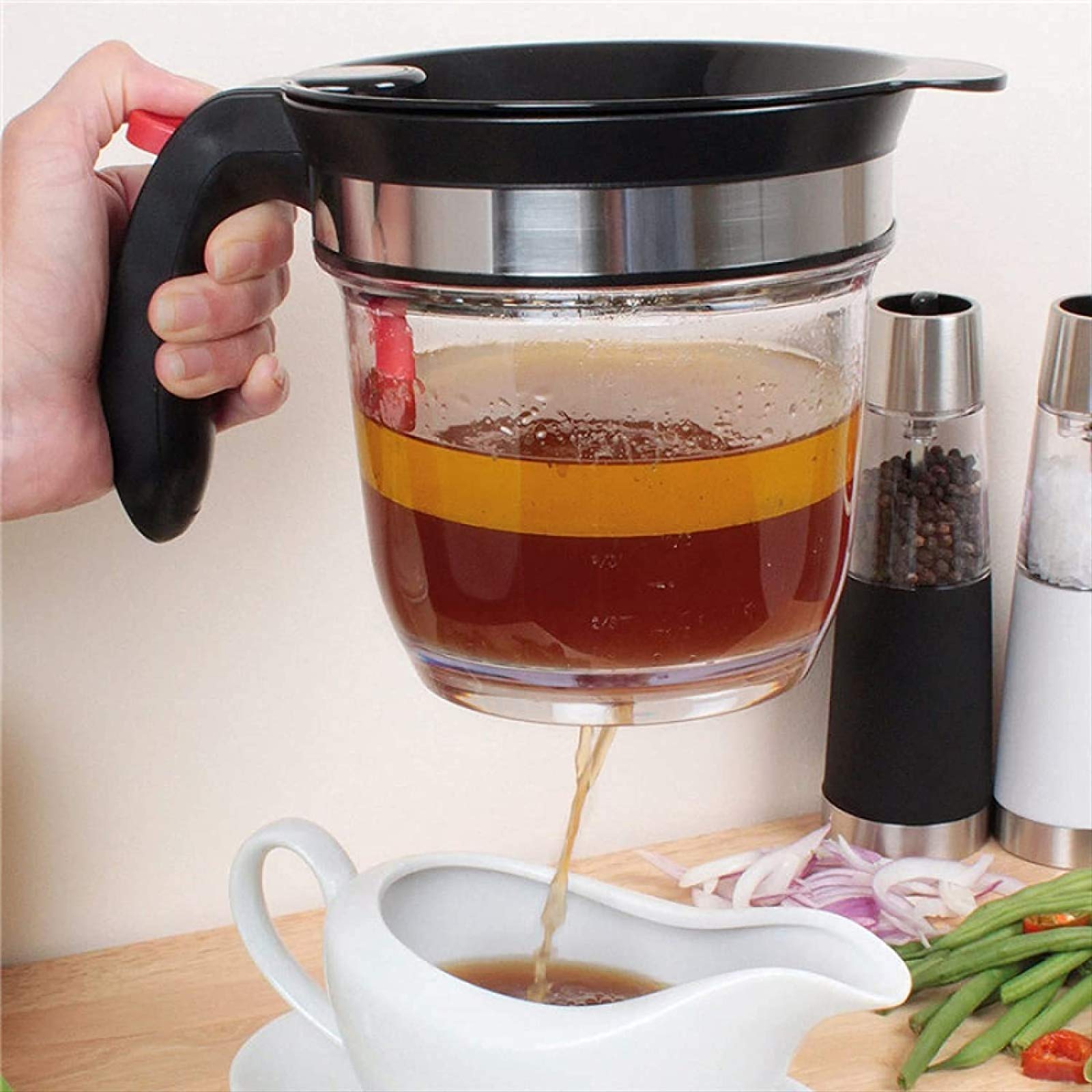PAZATAO Fat Separator - 4 Cup Black Plastic Gravy & Oil Strainer, Model 732920370443 for Healthier Cooking