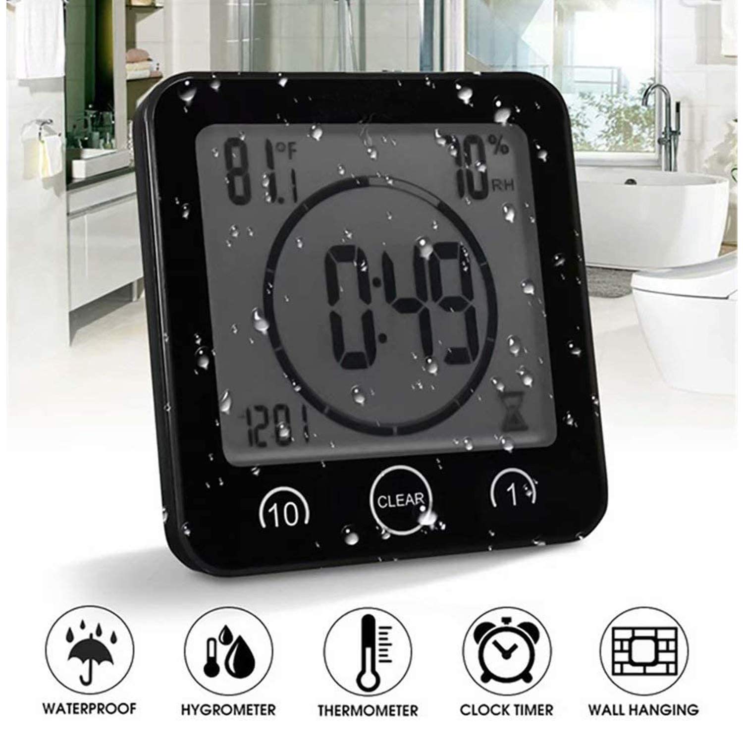 NOFIBAF Digital Bathroom Shower Wall Clock Timer with Alarm with Big LCD Display, Waterproof for Water Spray, Humidity Temperatu