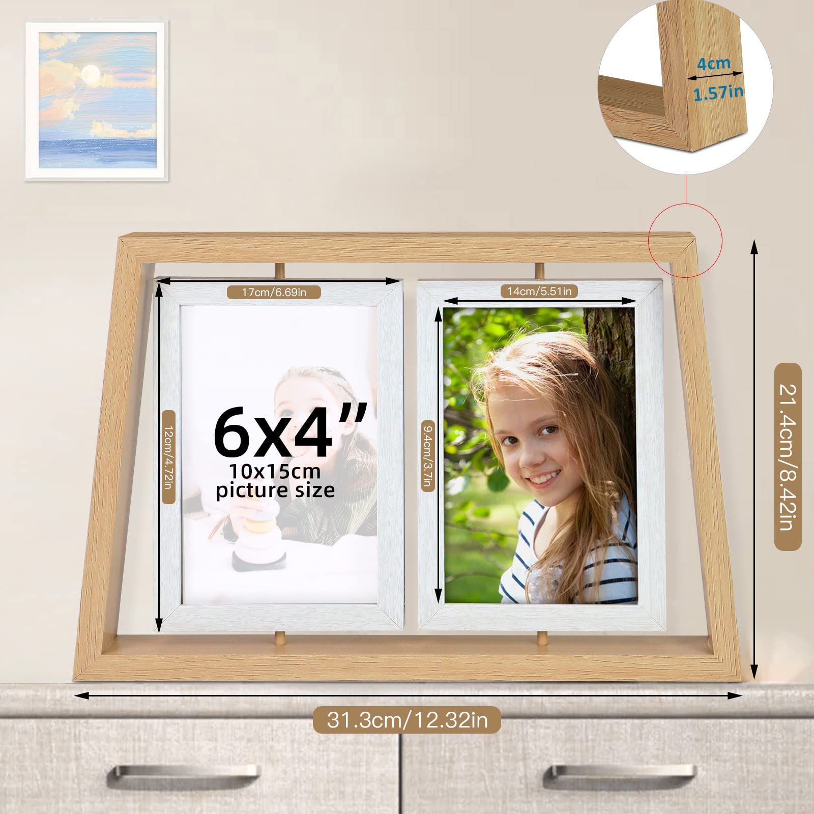 ZEEYUAN 4x6 Desk Picture Frames Rotating Rustic Photo Frame Floating 4x6 Double Side Frame for Tabletop Office Decor, Mothers Da