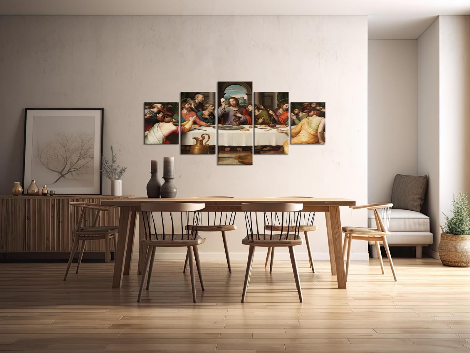 YOUHONG 5 Piece Leonardo Da Vinci Religious Wall Decor Christian Wall Art Jesus Wall Art The Last Supper Painting for Dining Room Decor (60''W x 32''H)