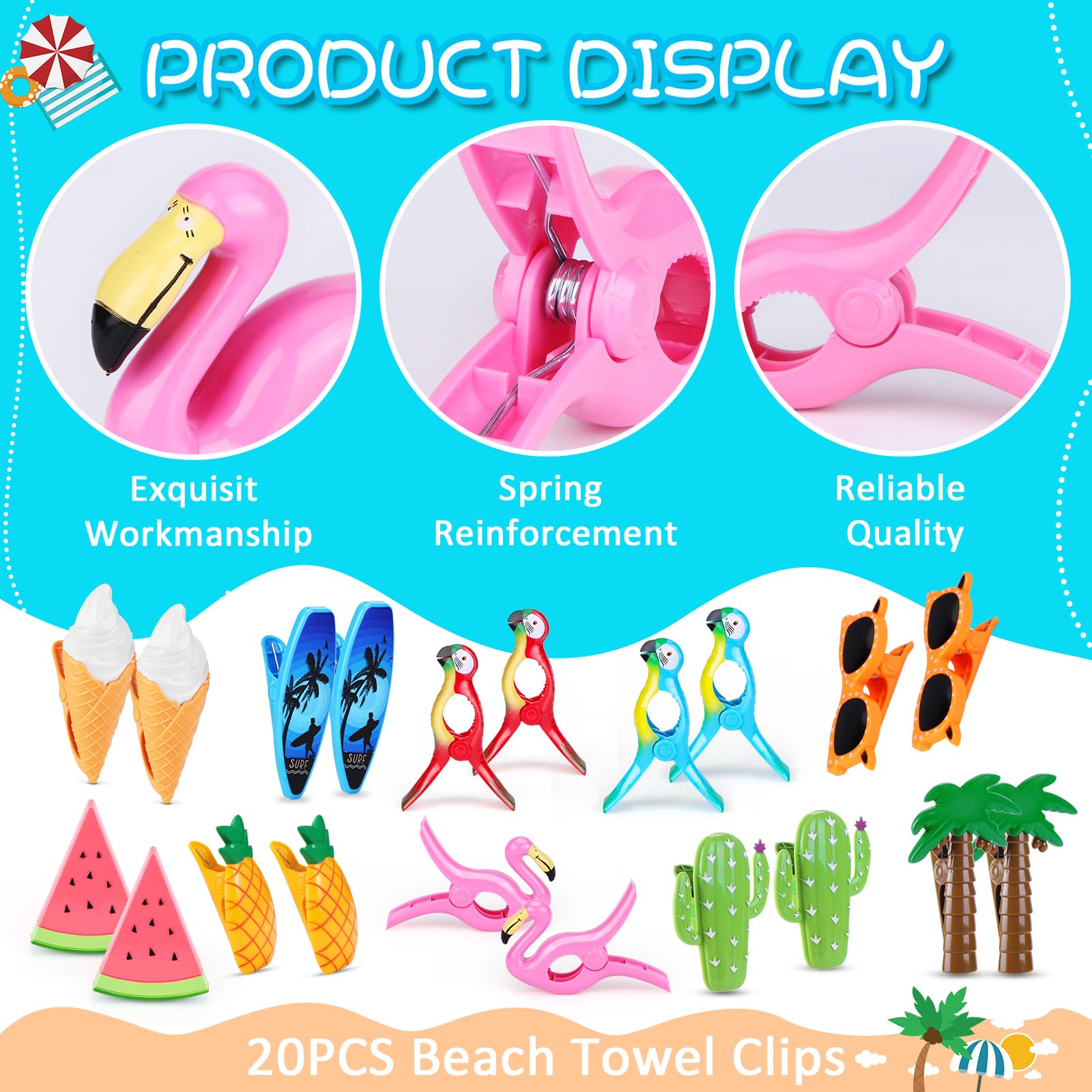 20 Pcs Beach Towel Clips, Beach Chair Clips For Towels Flamingo Parrot Clothes Pins Watermelon Pineapple Ice Cream Beach Towel H