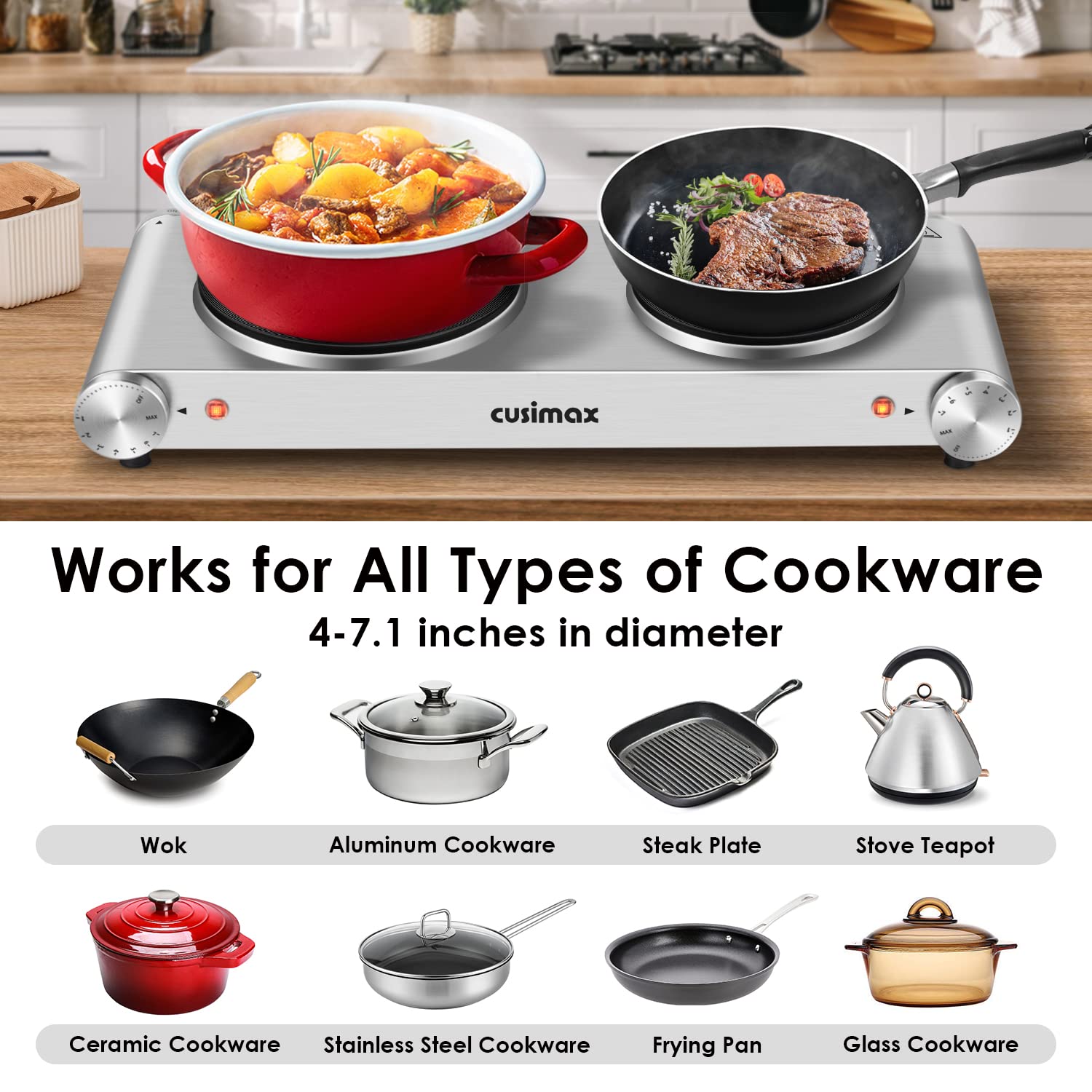 Cusimax Hot Plate, Electric Double Burner, 1800W Cast Iron Countertop Cooktop, Portable For Cooking, Compatible For All Cookware