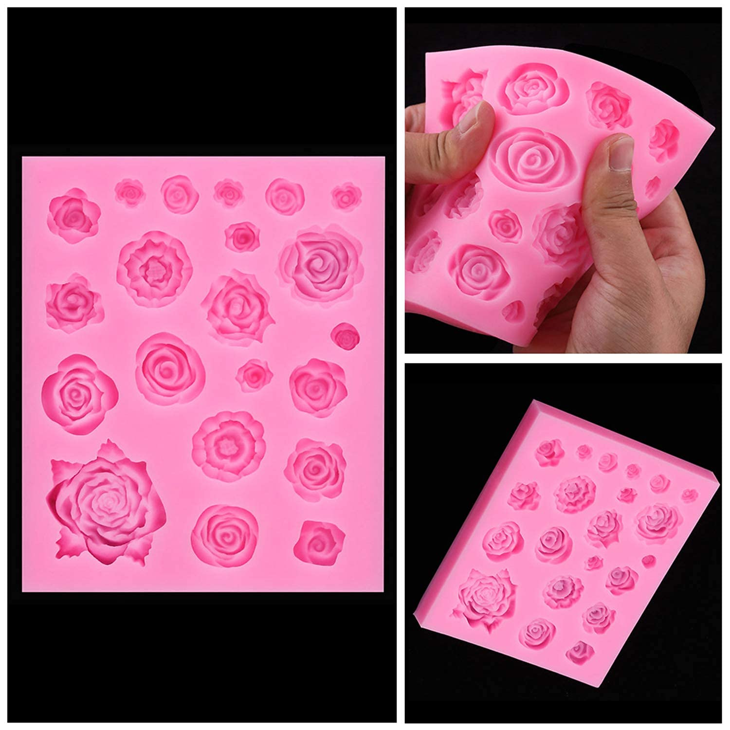 Tosnail 3 Pack 21 Cavity Silicone Fondant Molds Rose Flower Candy Molds For Wedding Cake, Cake Pop, Cookie And Cupcake Decoratio