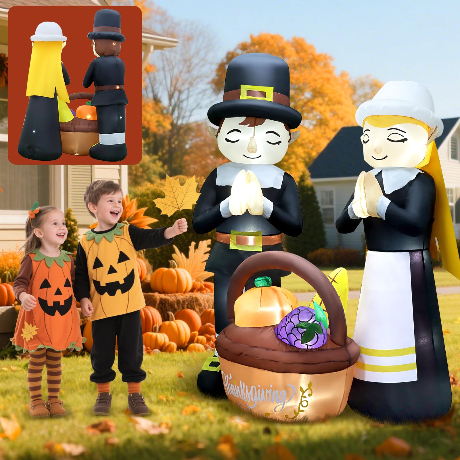 6FT Thanksgiving Inflatables Fall Outdoor Decorations, Lighted Pilgrim Boy and Girl Blow Up with Basket & 11 Built-in LEDs & Blo