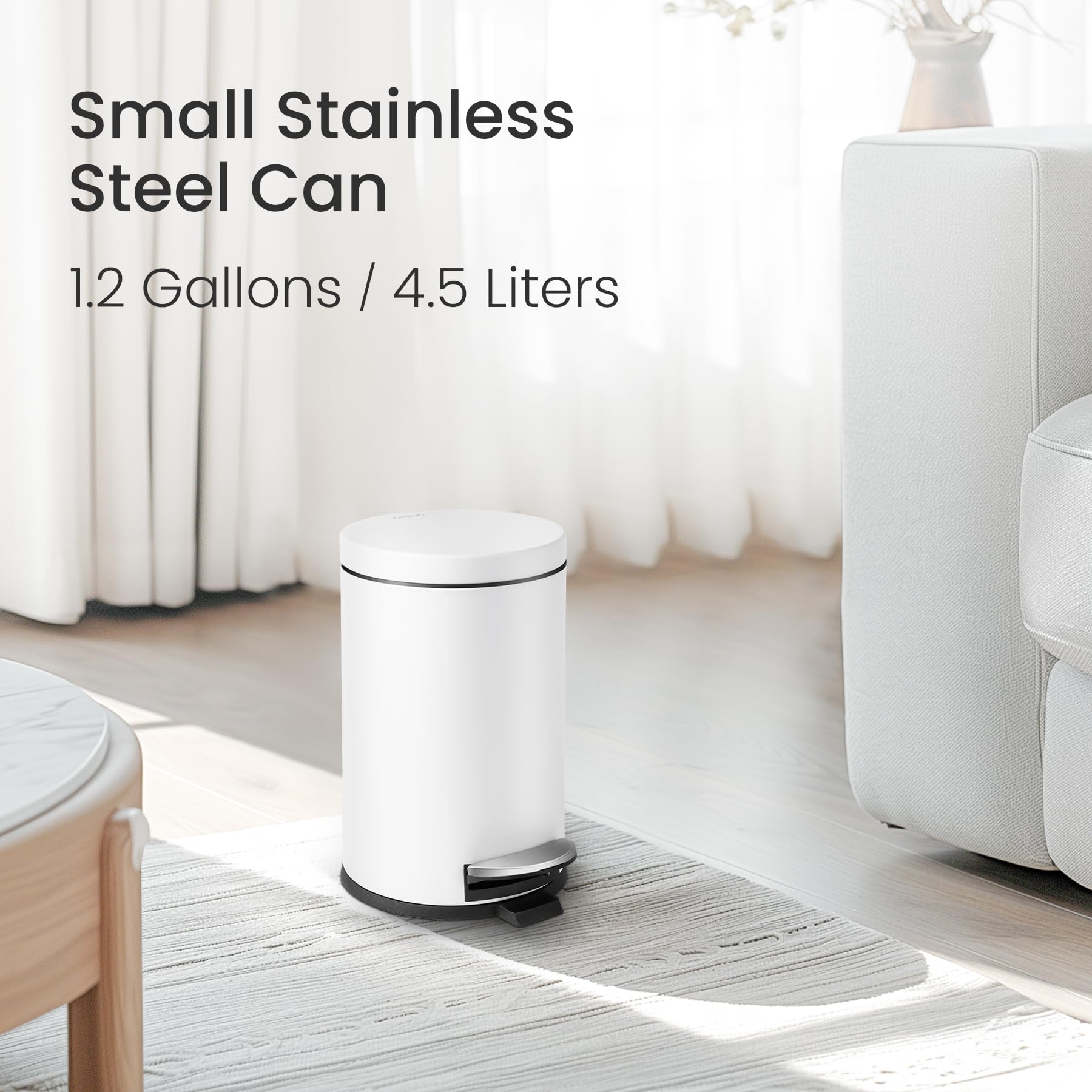 Cesun 1.2 Gallons Small Trash Can With Lid, White Bathroom Garbage Can With Foot Pedal, Mini Round Wastebasket For Bathroom, Bed