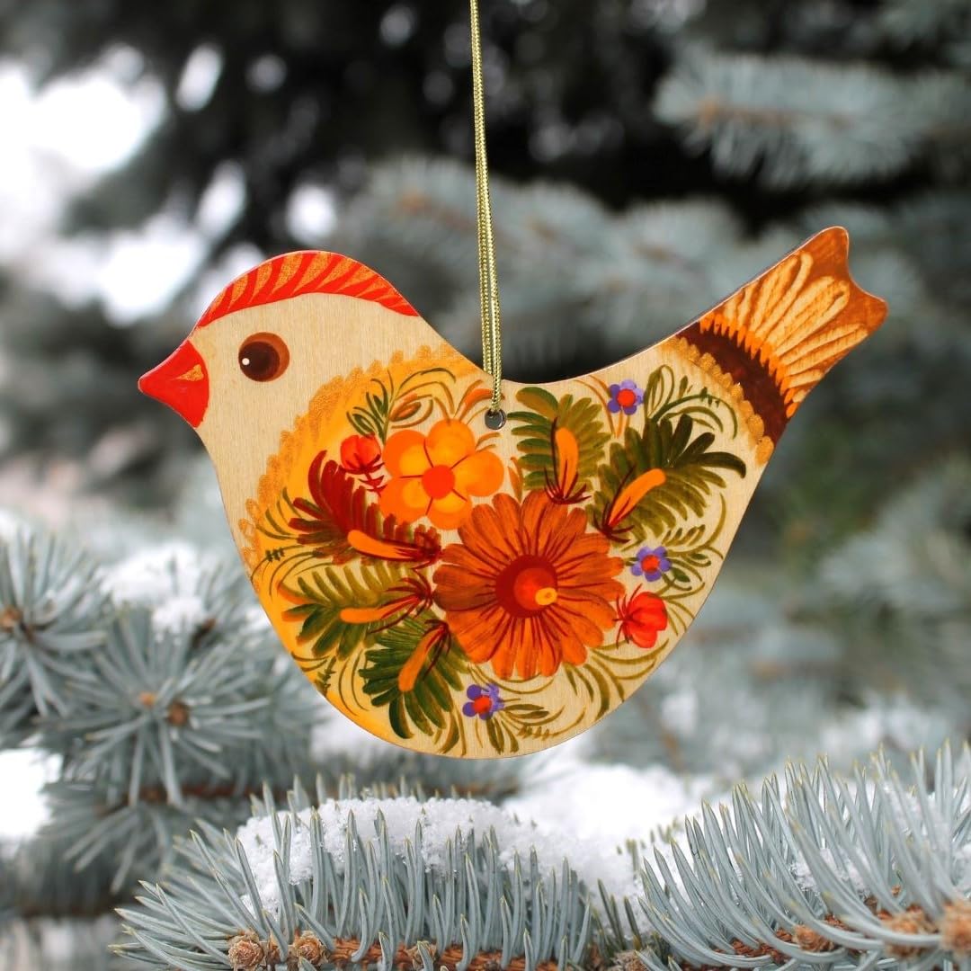 Bird Wooden Flat Ornament Ukrainian Hand Painted on Both Sides 4,3 x 3,3 x 0,2 inch. Christmas Tree and Easter Decoration Folk R