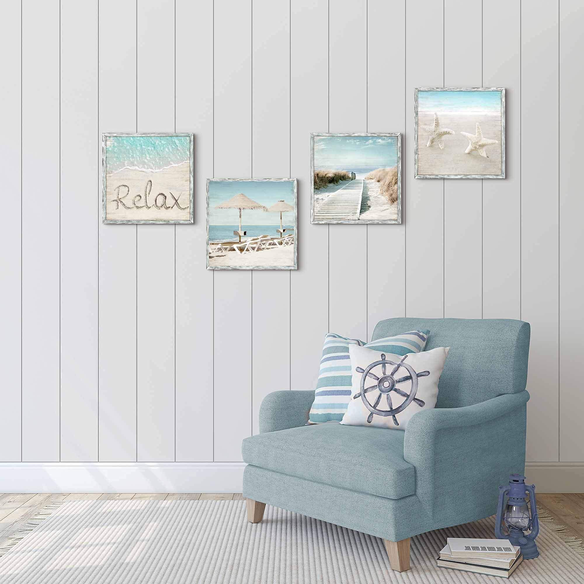 Coastal Framed Wood Wall Art: Beach Picture Seascape Artwork Seaside Prints Starfish Boardwalk Art Collection Wall Decor Set Of