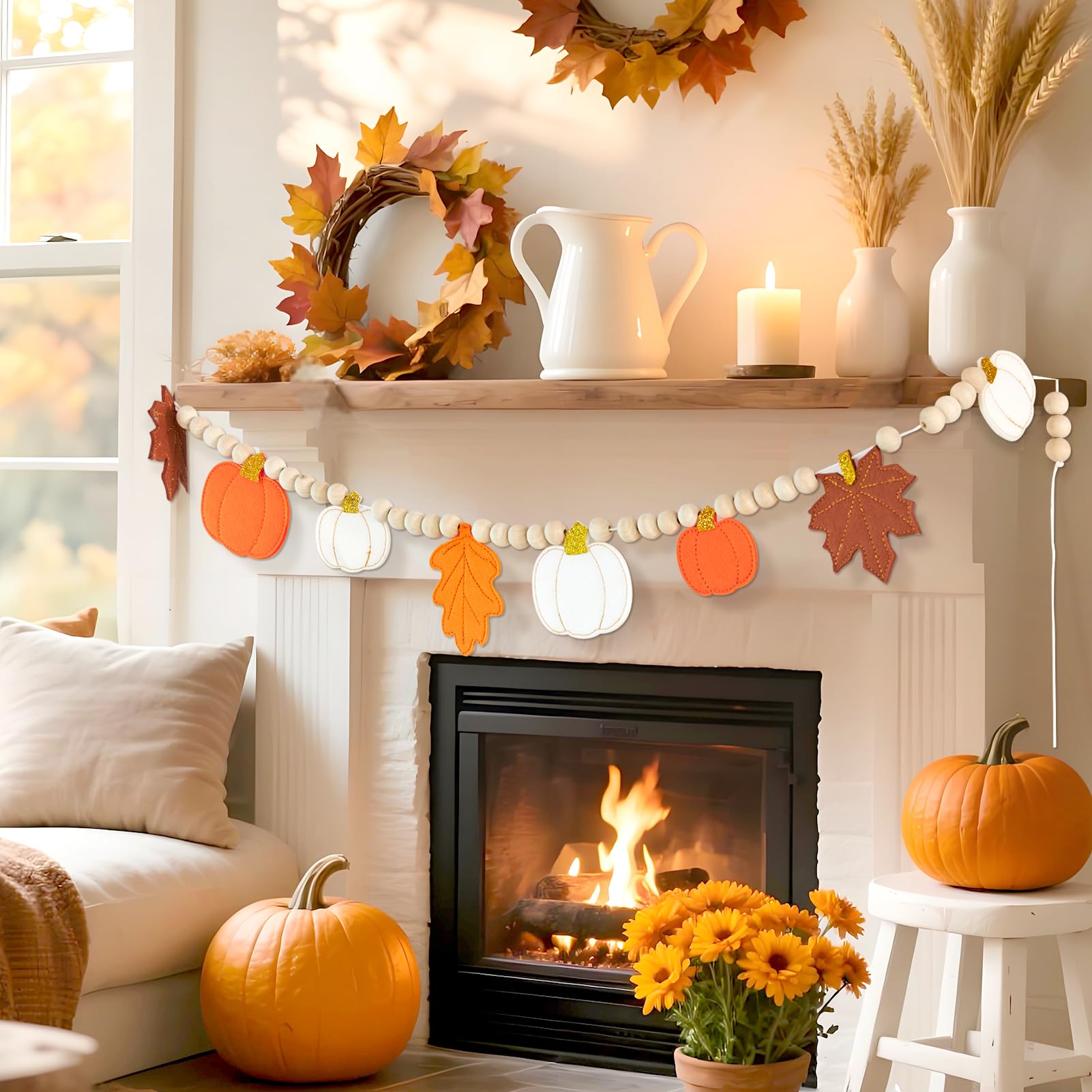 Fall Decorations for Home Felt Pumpkin Garland and Wood Bead Felt Pumpkins Hanging Garland Maple Leaf Banner for Thanksgving Dec
