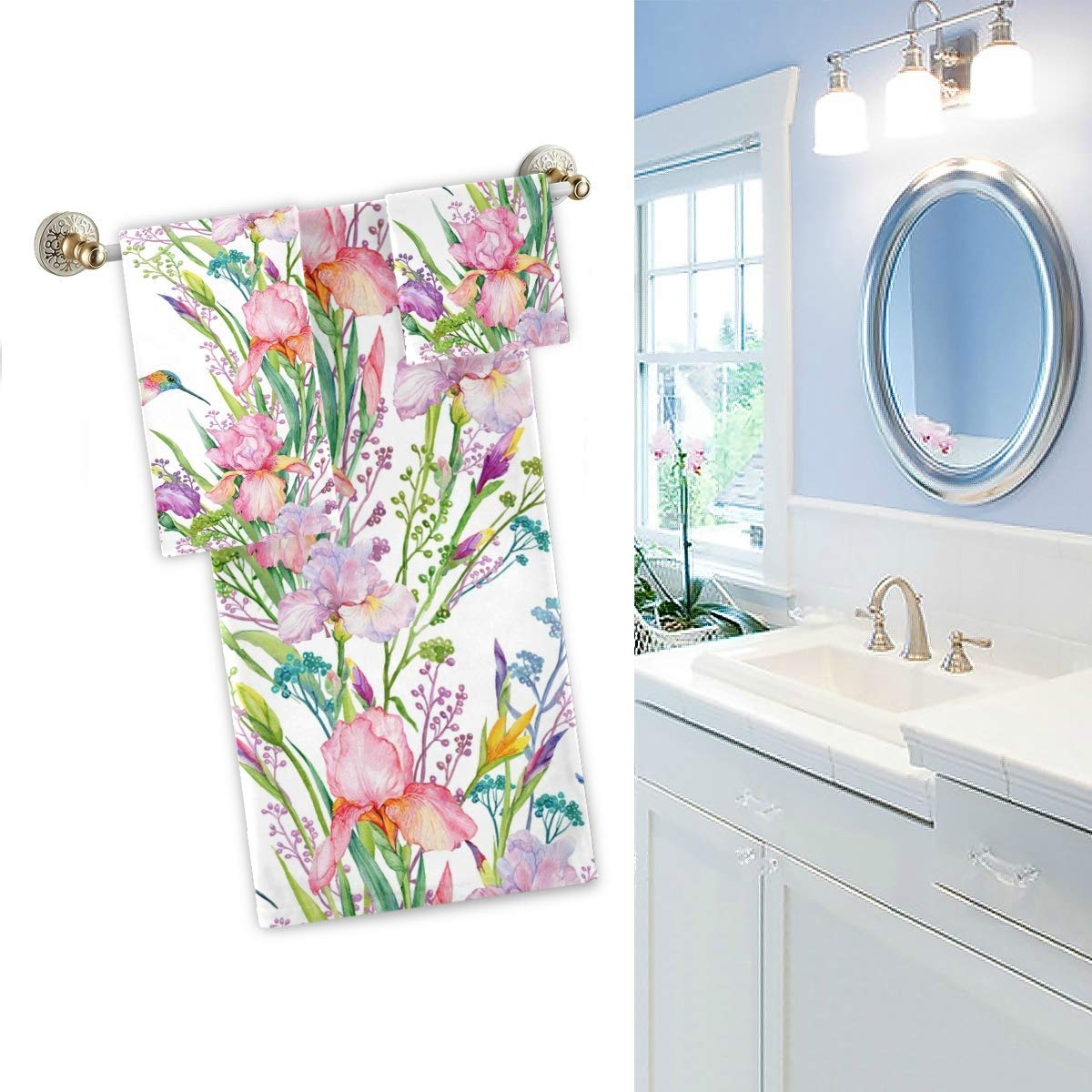 Naanle Spring Hummingbird Irises Flowers Floral Soft Luxury Decorative Set Of 3 Towels, 1 Bath Towel+1 Hand Towel+1 Washcloth, M