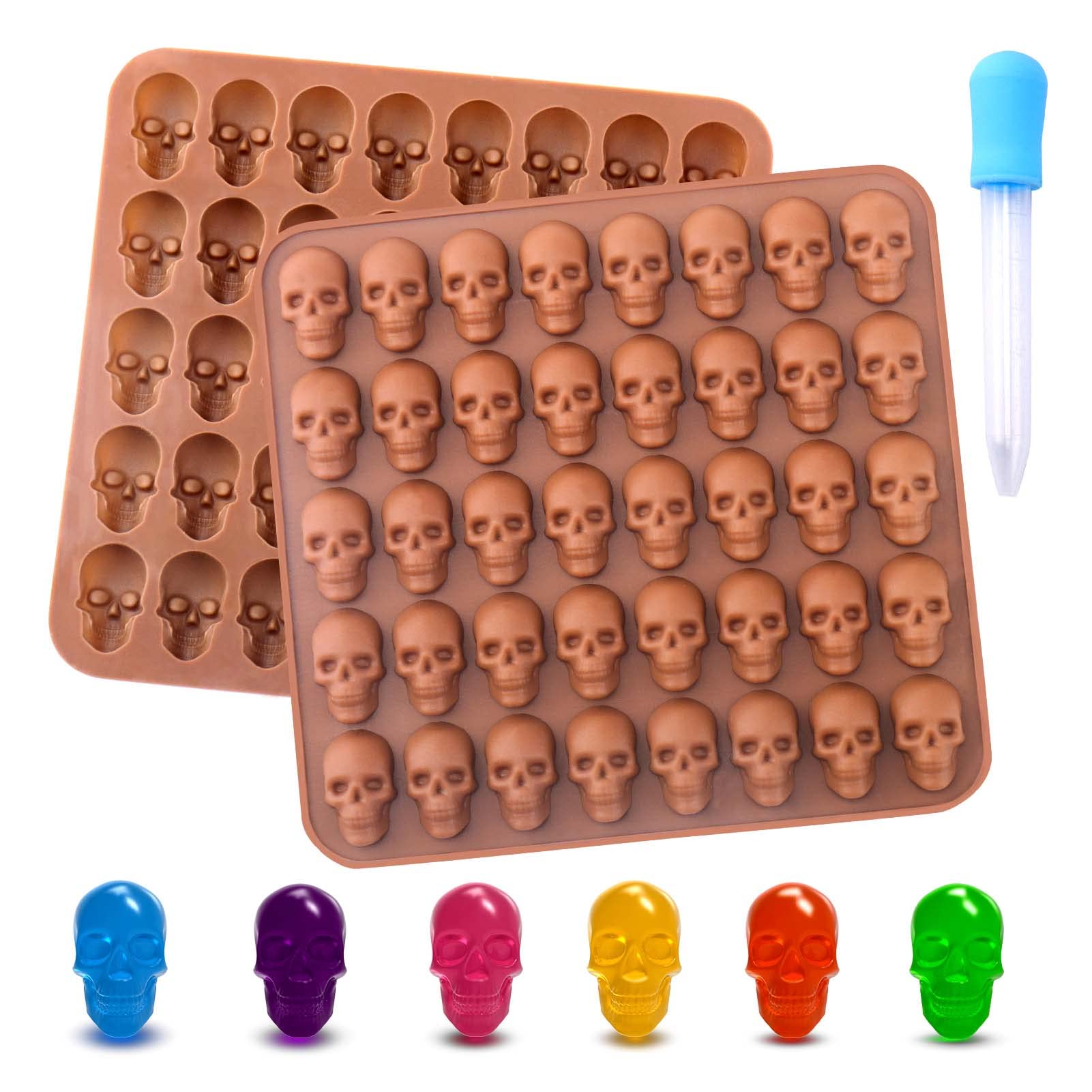 Busoha Gummy Skull Candy Molds Silicone, 2 Pack 40 Cavity Non-Stick Skull Silicone Molds With 1 Droppers For Chocolate, Candy, J