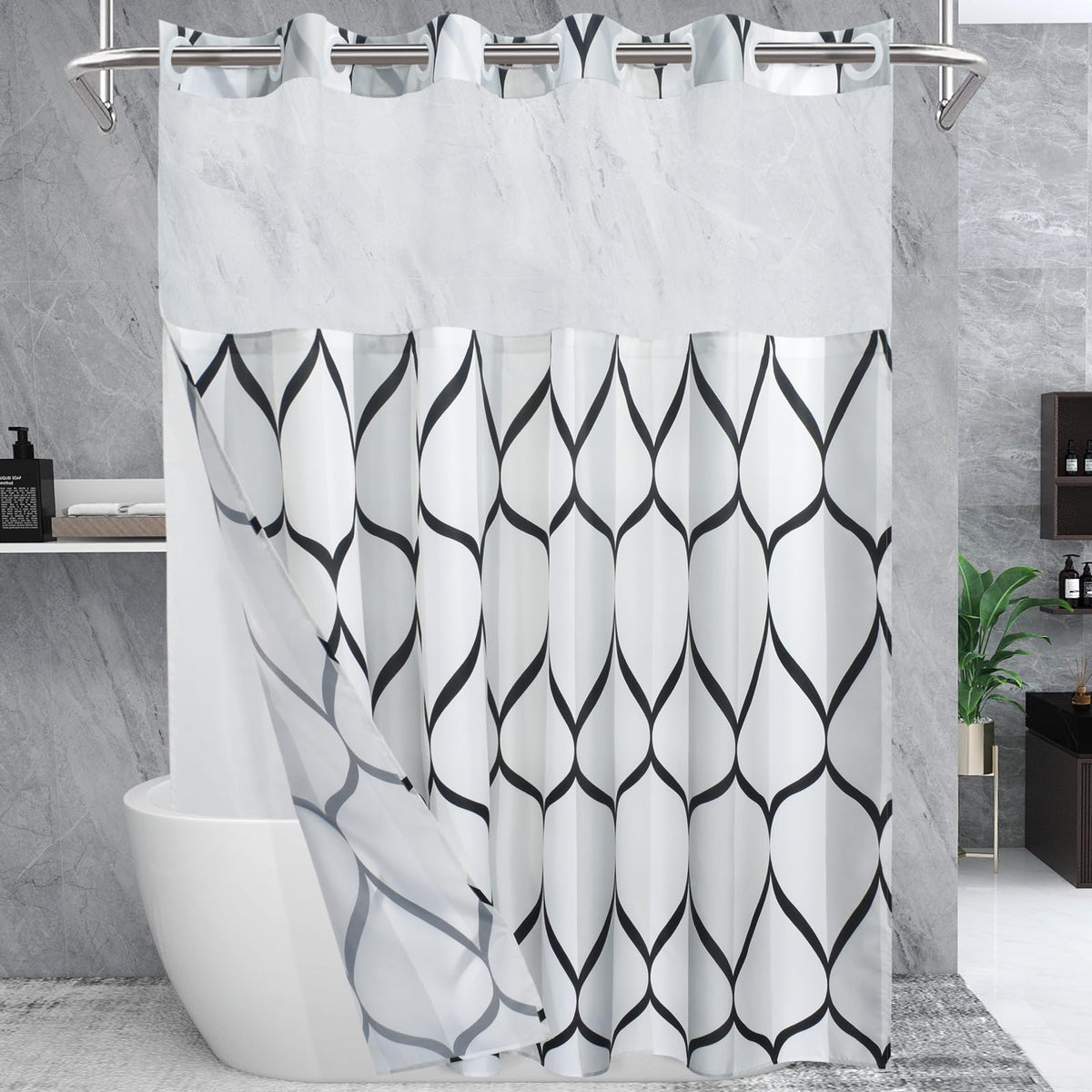Yiatn No Hook Needed White Shower Curtain With Snap In Fabric Liner Set - Hotel Style With See Through Mesh Top Window, Modern G